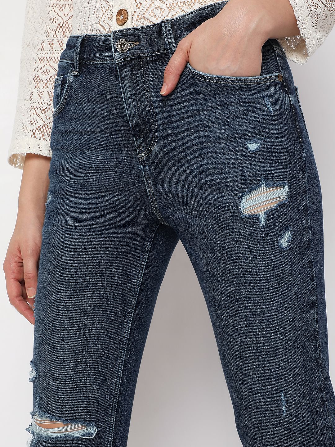 Blue High Rise Distressed Jade Straight Fit Jeans - Image 5