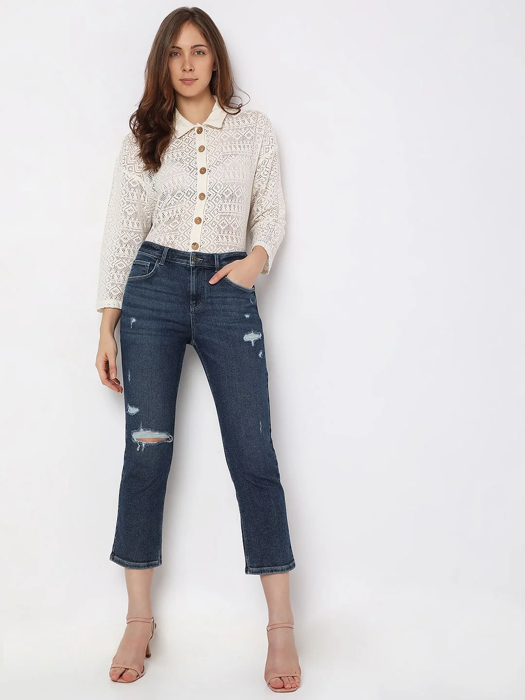 Blue High Rise Distressed Jade Straight Fit Jeans - Image 6
