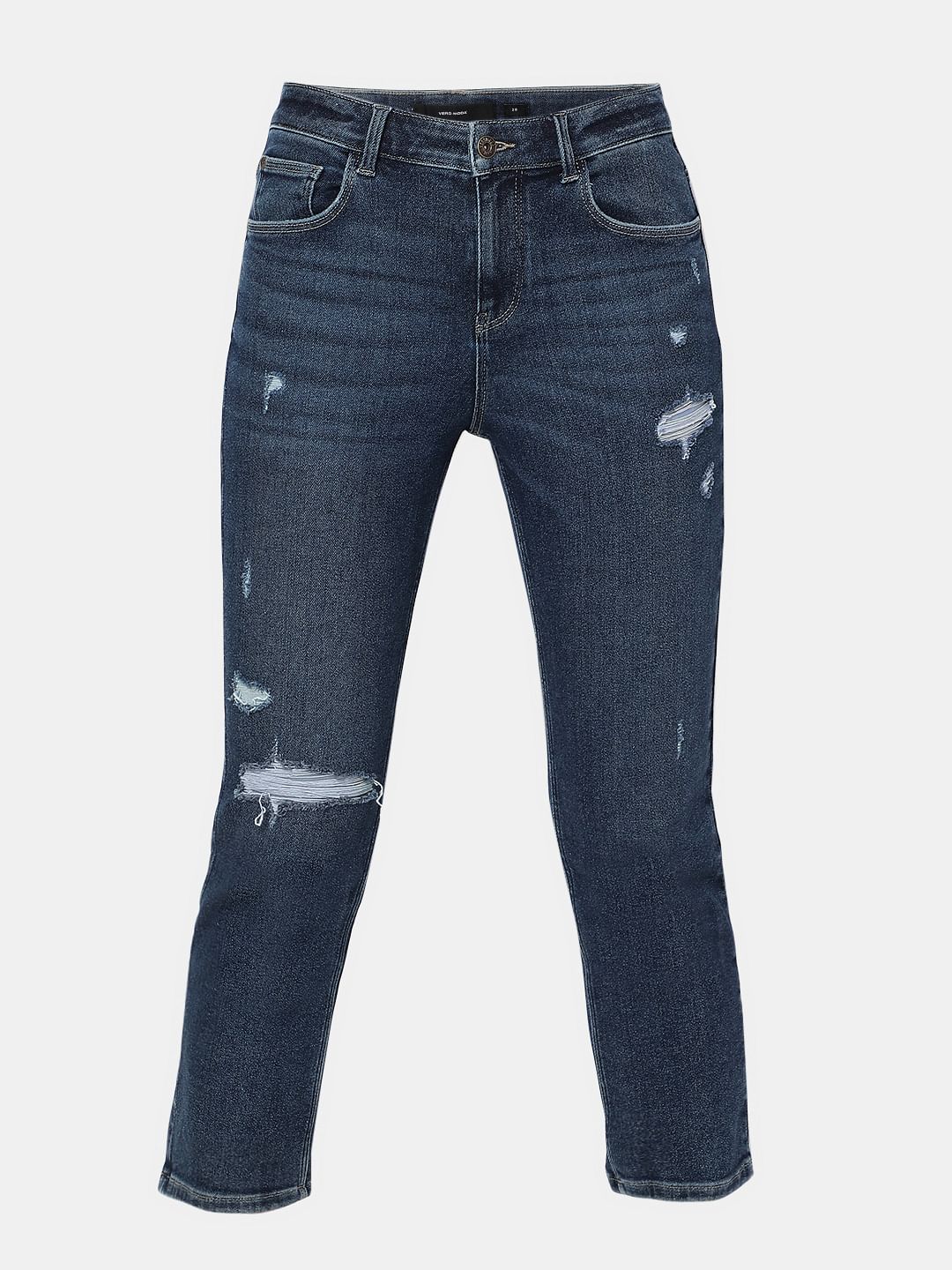 Blue High Rise Distressed Jade Straight Fit Jeans - Image 7