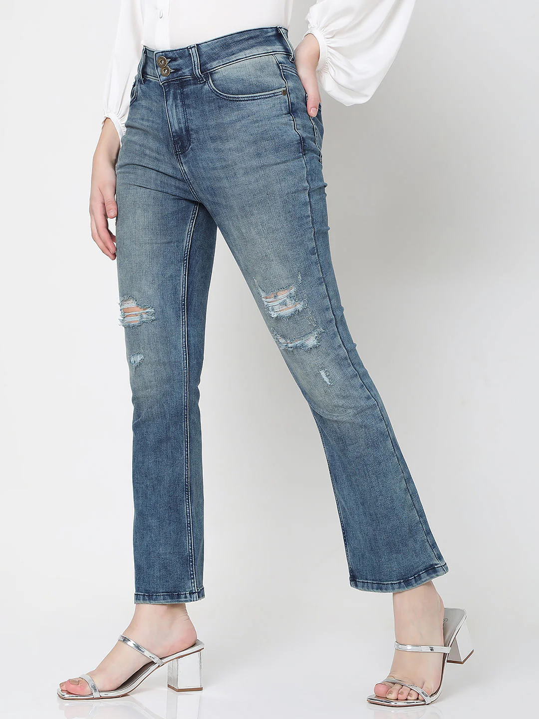 Blue High Rise Distressed Petra Bootcut Jeans - Image 3