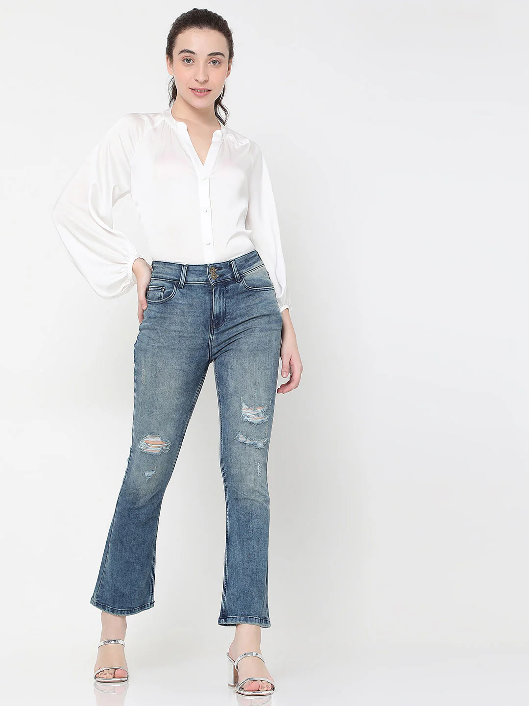 Blue High Rise Distressed Petra Bootcut Jeans - Image 5