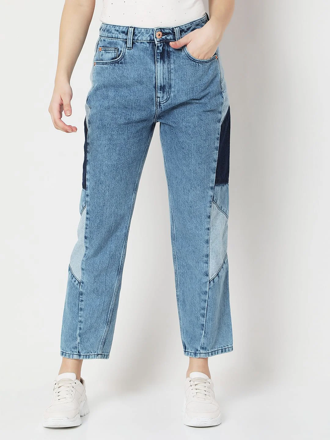 Blue High Rise Cut & Sew Panel Mom Fit Jeans - Image 2