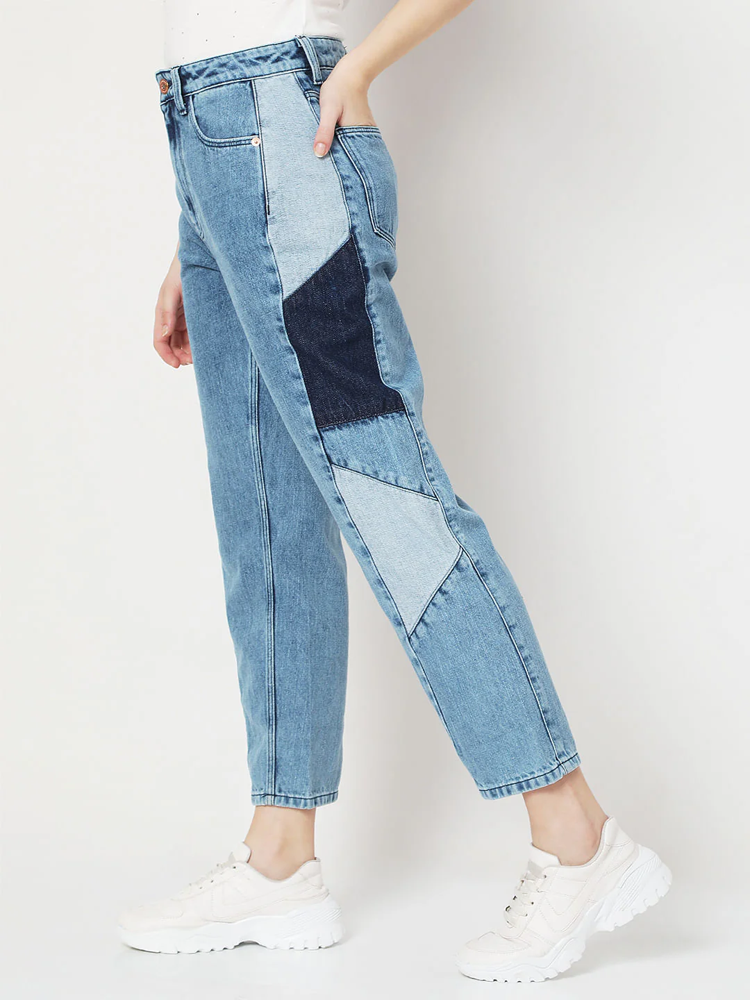 Blue High Rise Cut & Sew Panel Mom Fit Jeans - Image 3