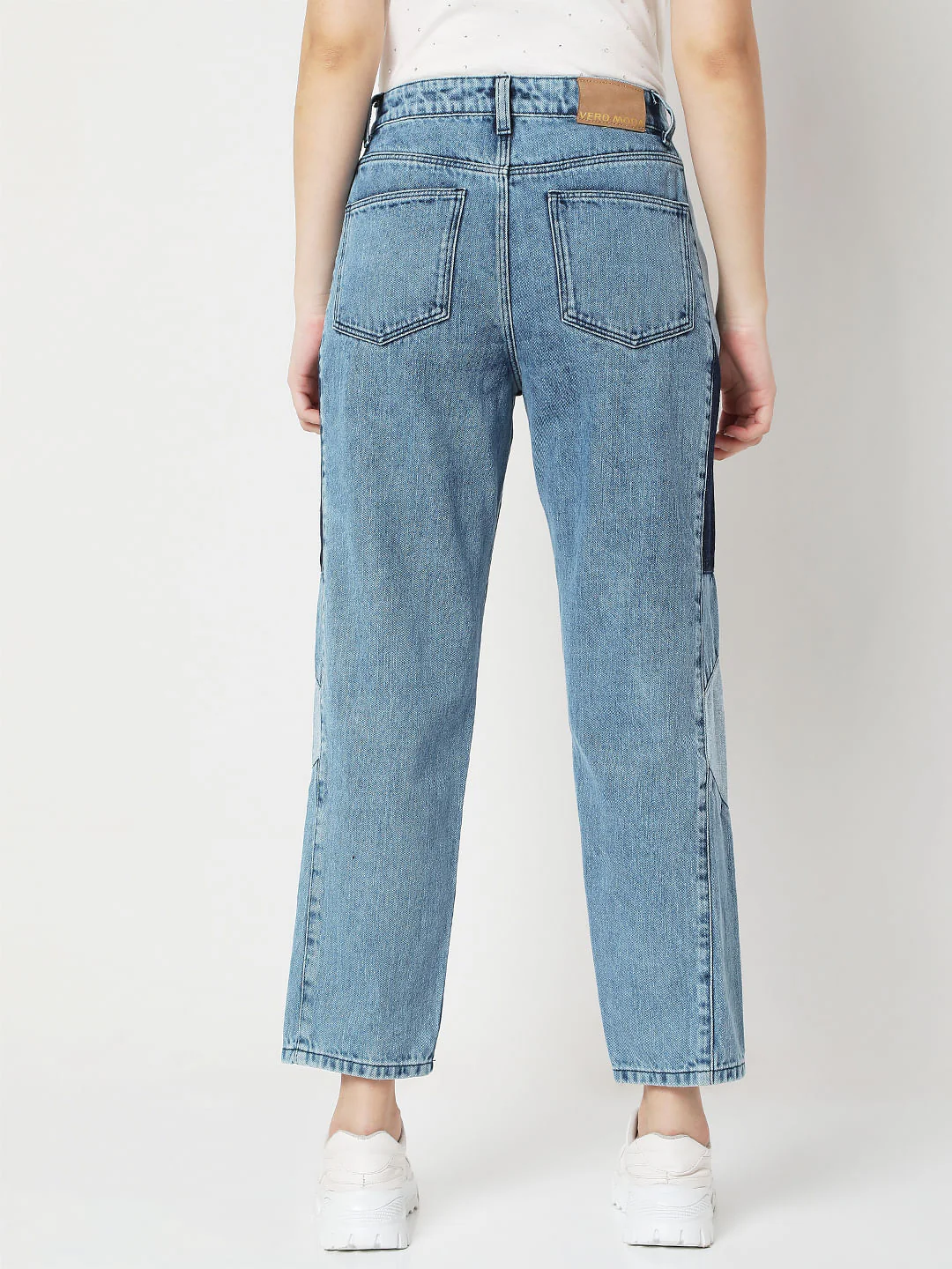 Blue High Rise Cut & Sew Panel Mom Fit Jeans - Image 4