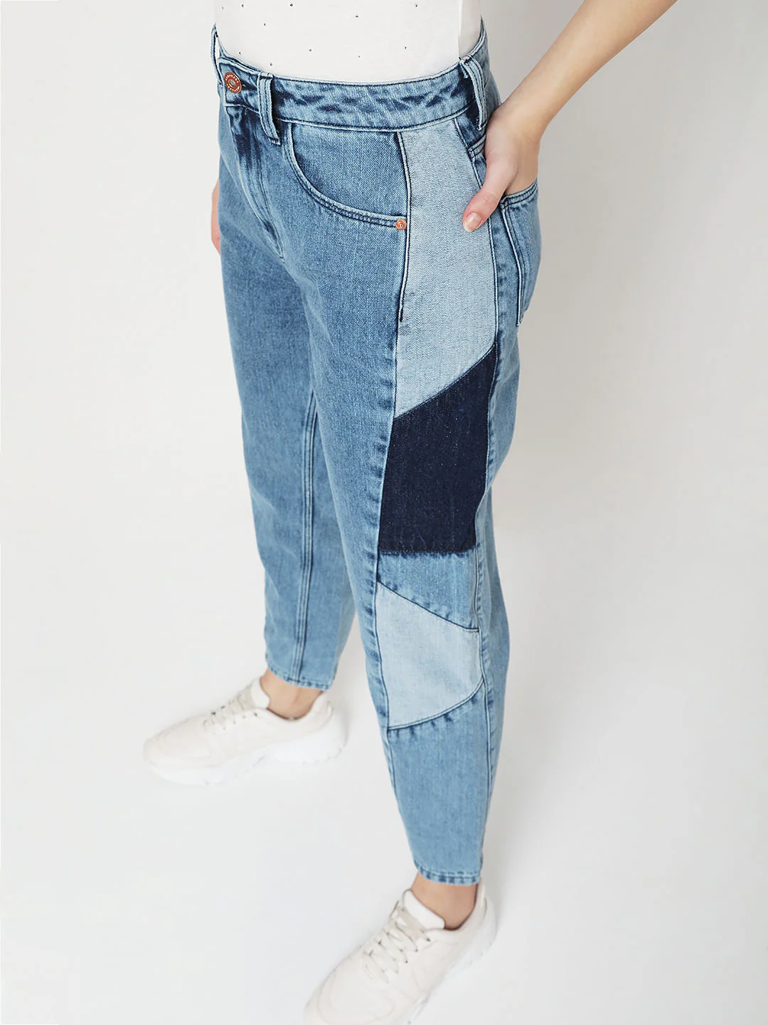 Blue High Rise Cut & Sew Panel Mom Fit Jeans - Image 5
