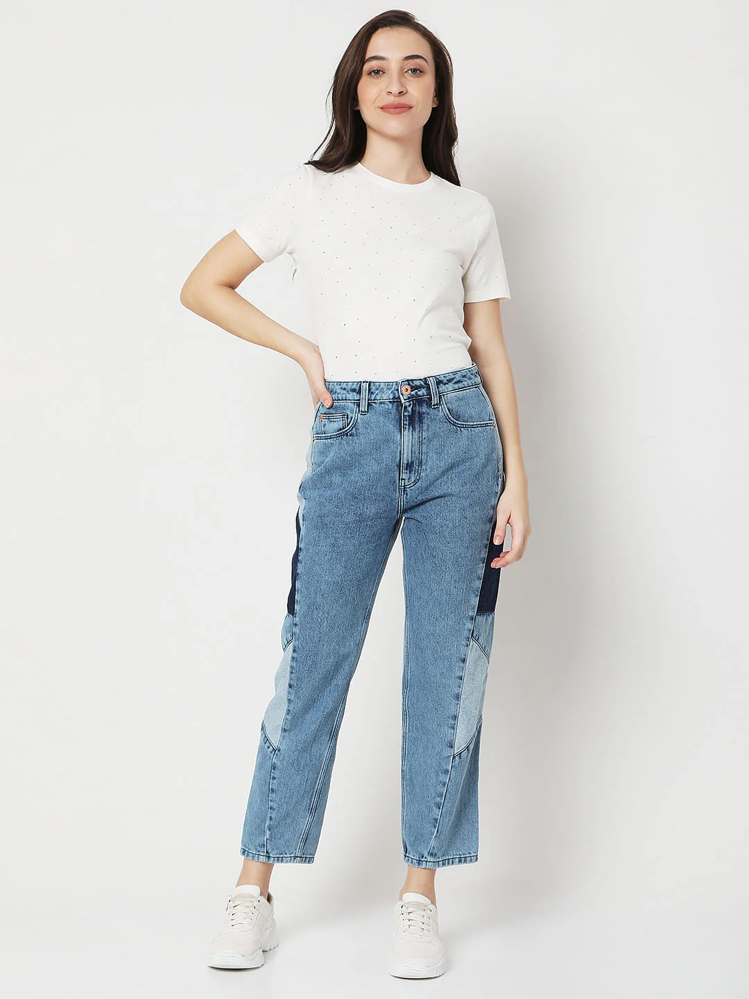 Blue High Rise Cut & Sew Panel Mom Fit Jeans - Image 6