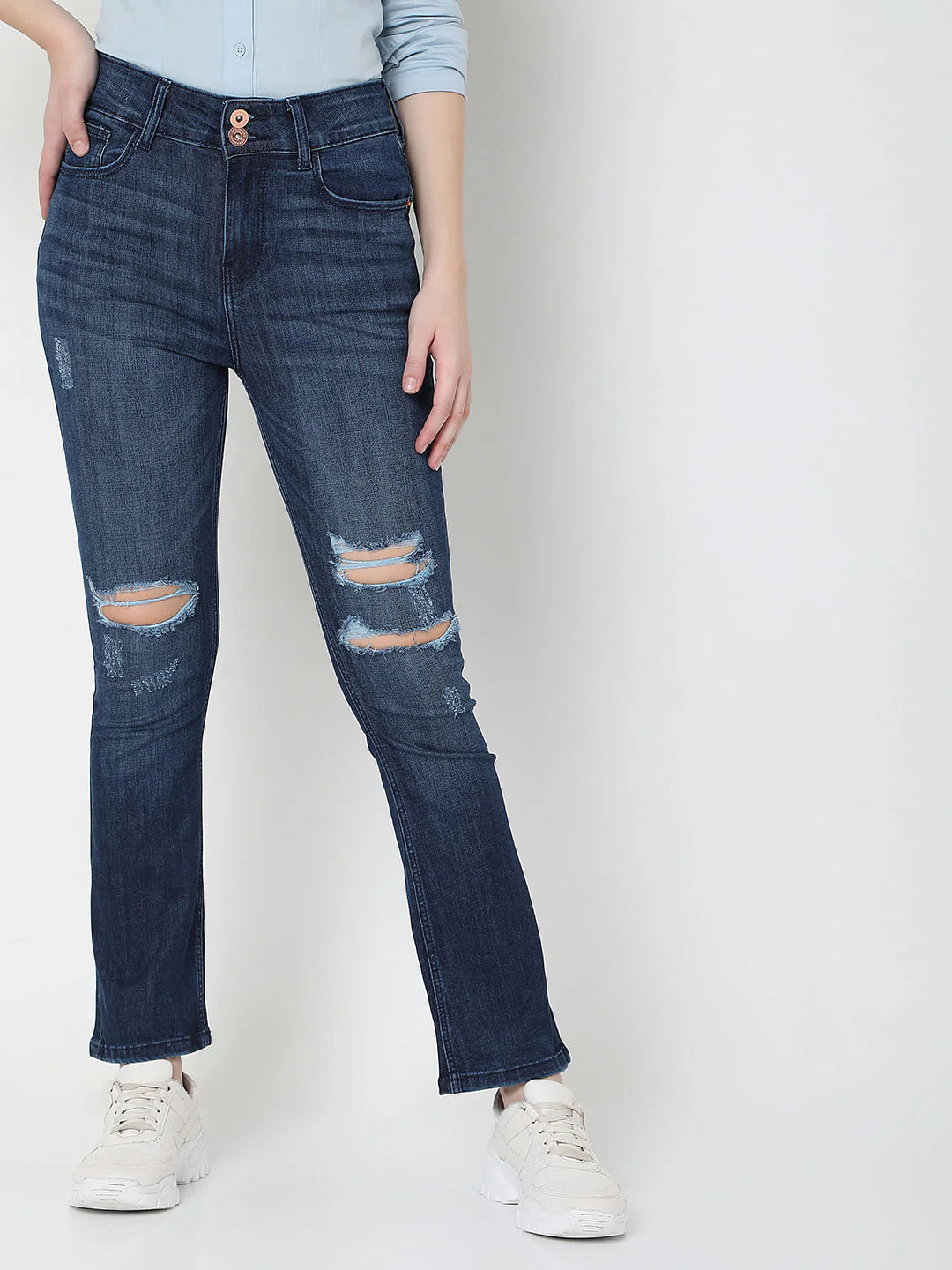 Dark Blue High Rise Distressed Petra Bootcut Jeans - Image 2