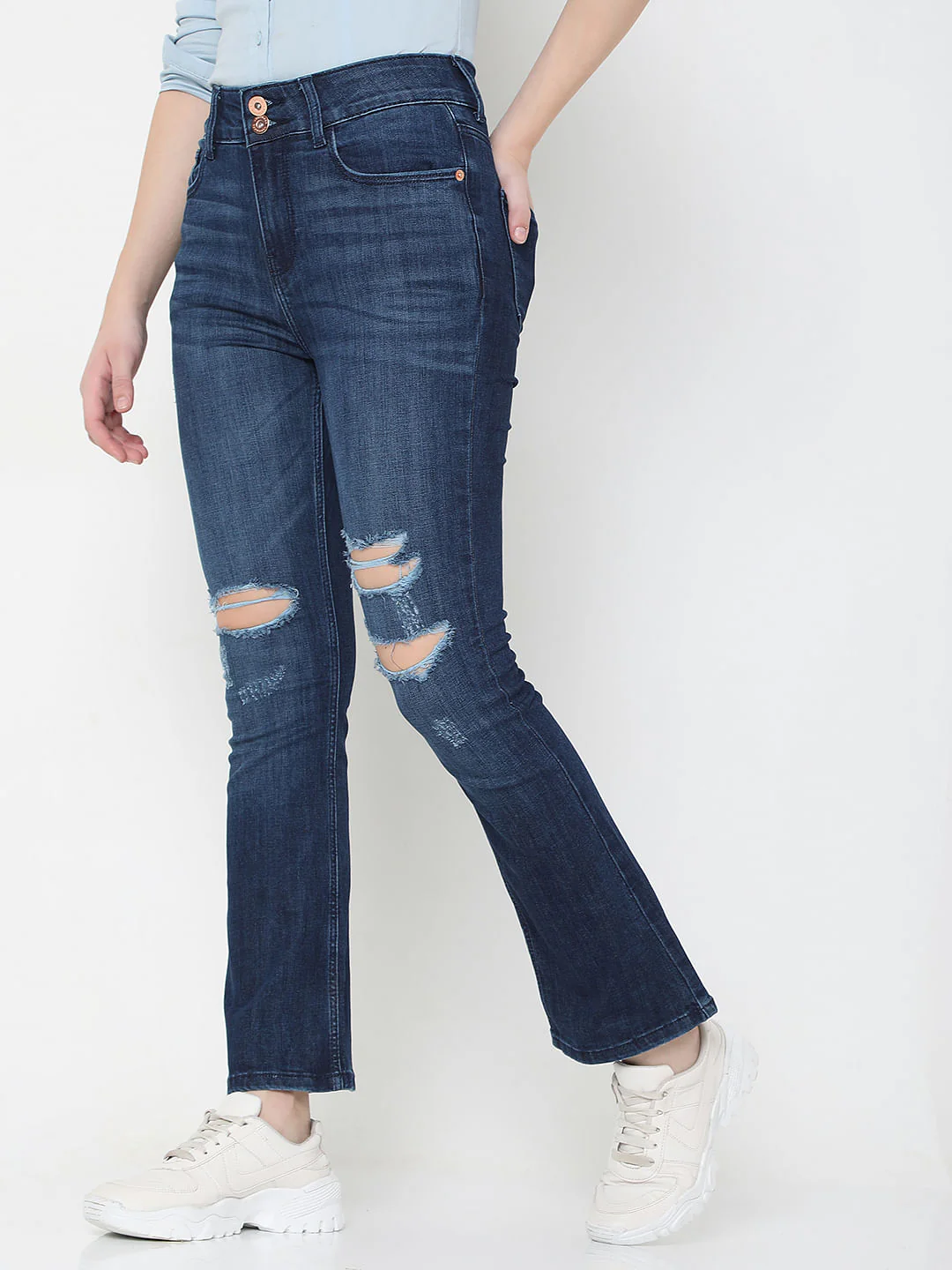 Dark Blue High Rise Distressed Petra Bootcut Jeans - Image 3