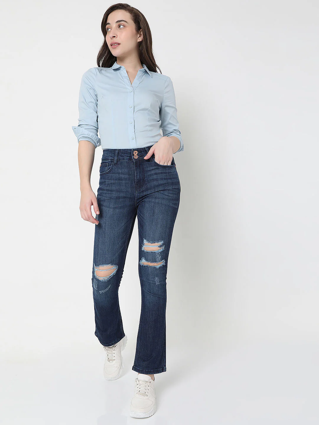 Dark Blue High Rise Distressed Petra Bootcut Jeans - Image 6