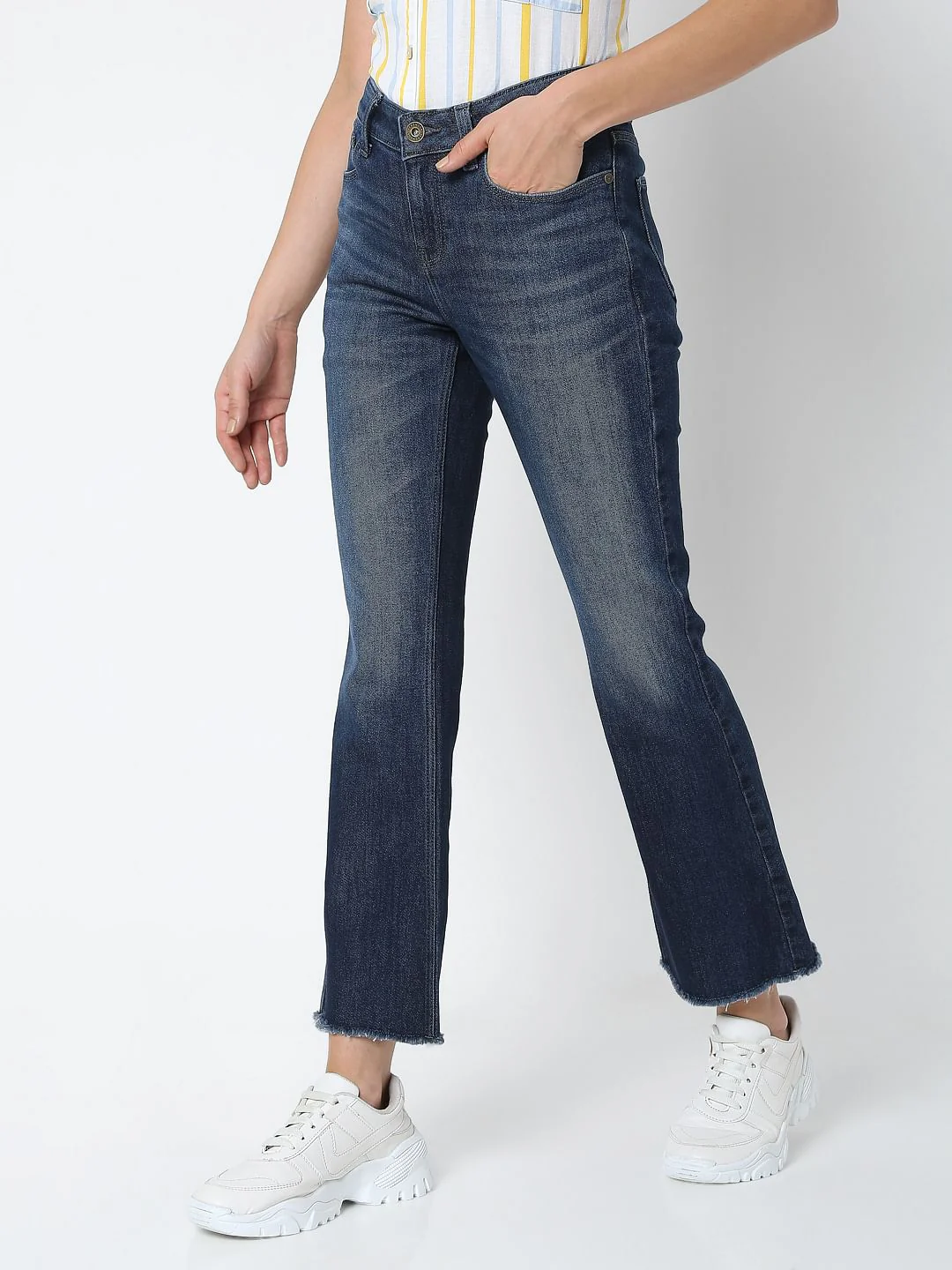 Blue Mid Rise Frayed Hem Petra Bootcut Jeans - Image 3