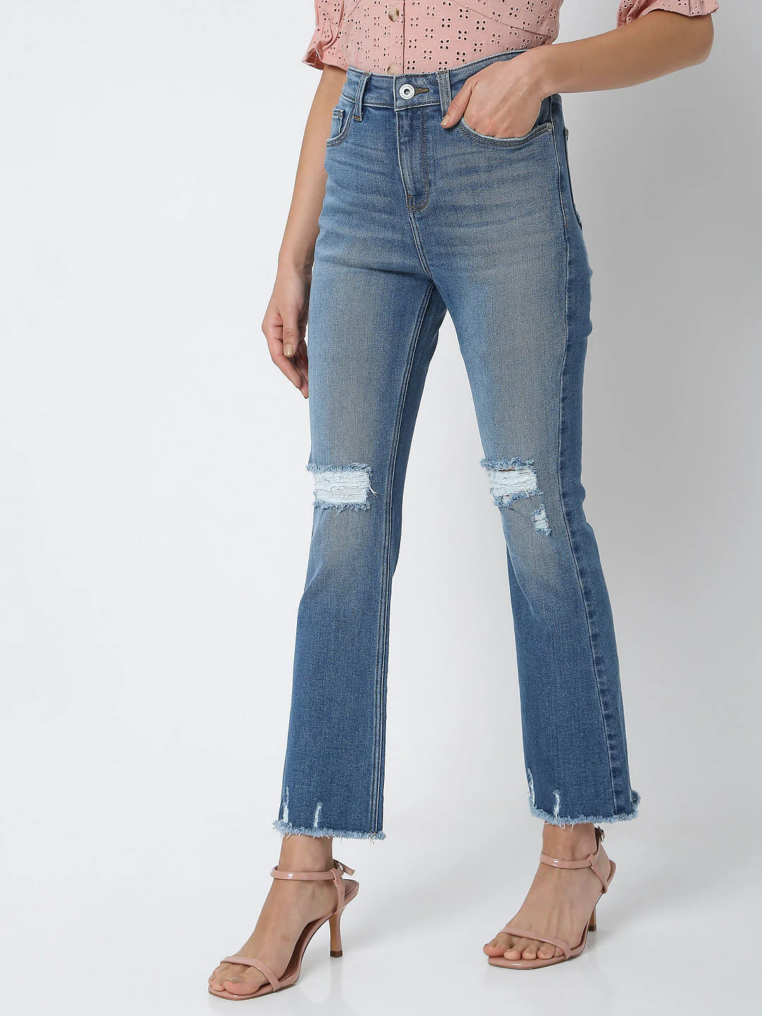 Light Blue High Rise Ripped Petra Bootcut Jeans - Image 3