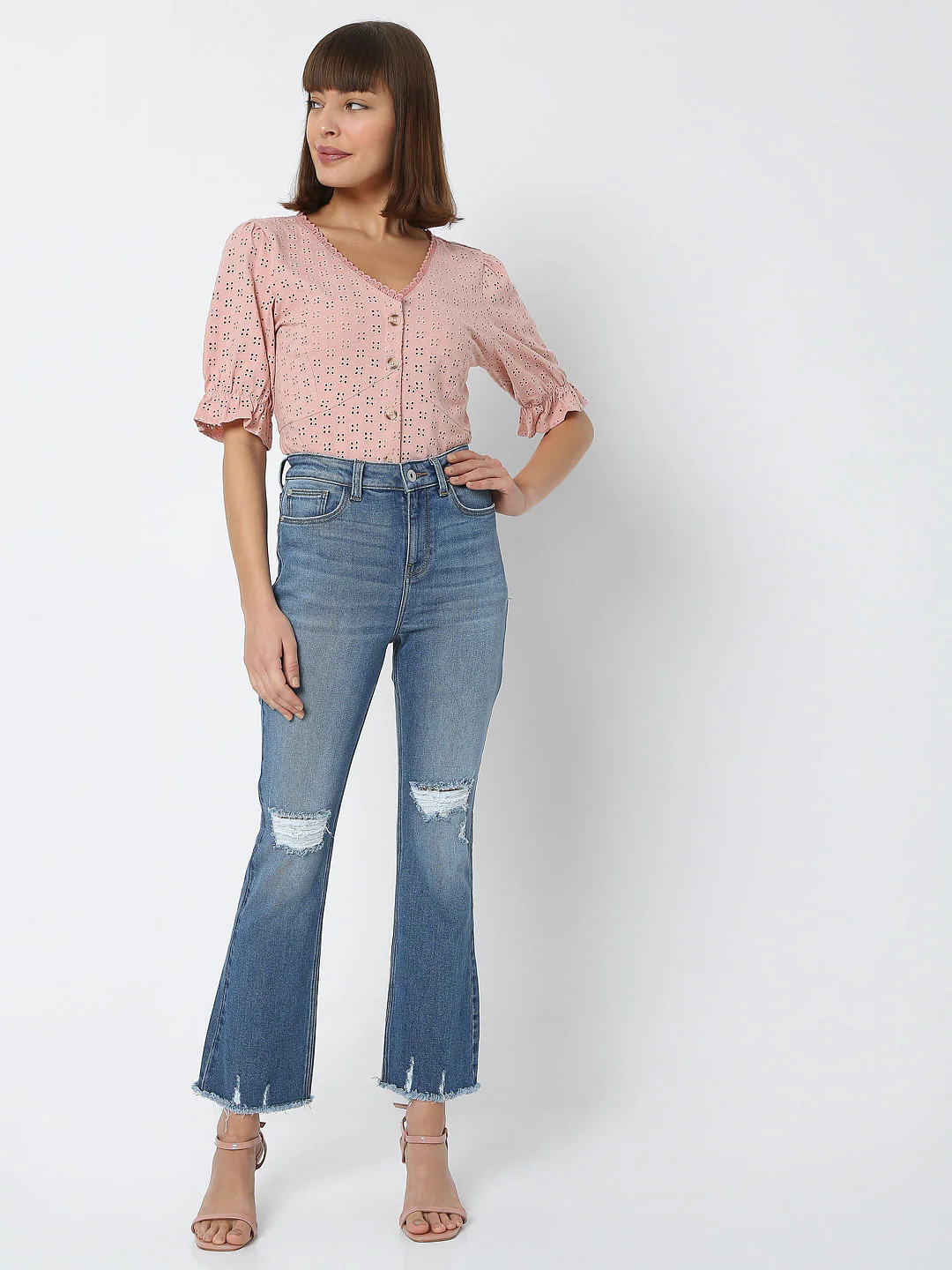 Light Blue High Rise Ripped Petra Bootcut Jeans - Image 6