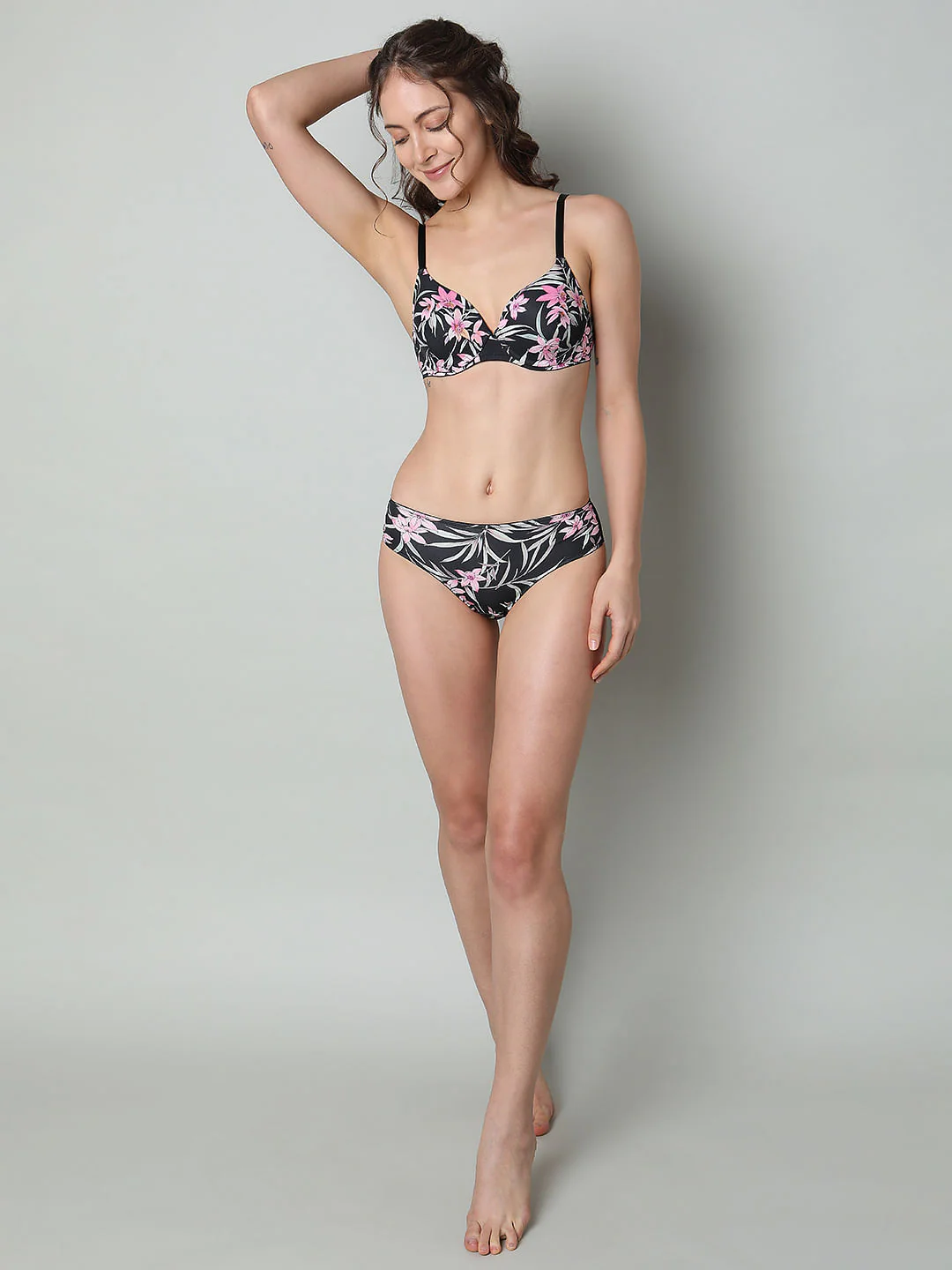 Black Floral Print Padded T-Shirt Bra - Image 5