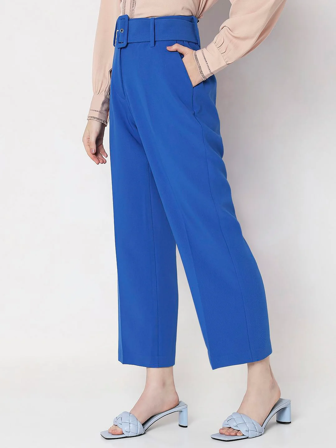 Blue High Rise Belted Pants - Image 3