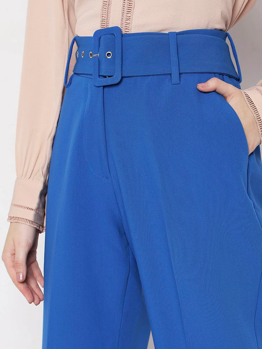 Blue High Rise Belted Pants - Image 6
