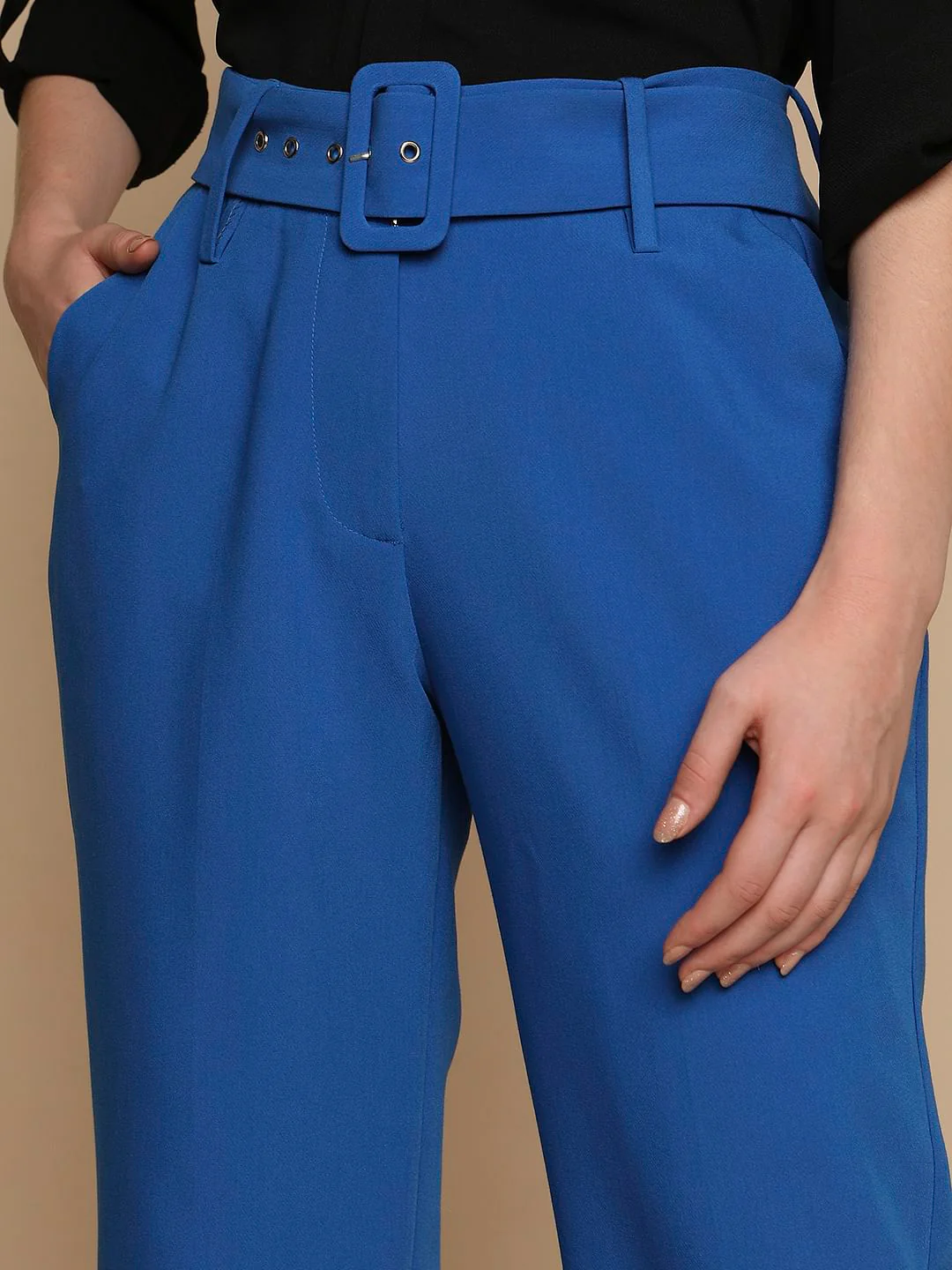 Blue High Rise Belted Pants - Image 4