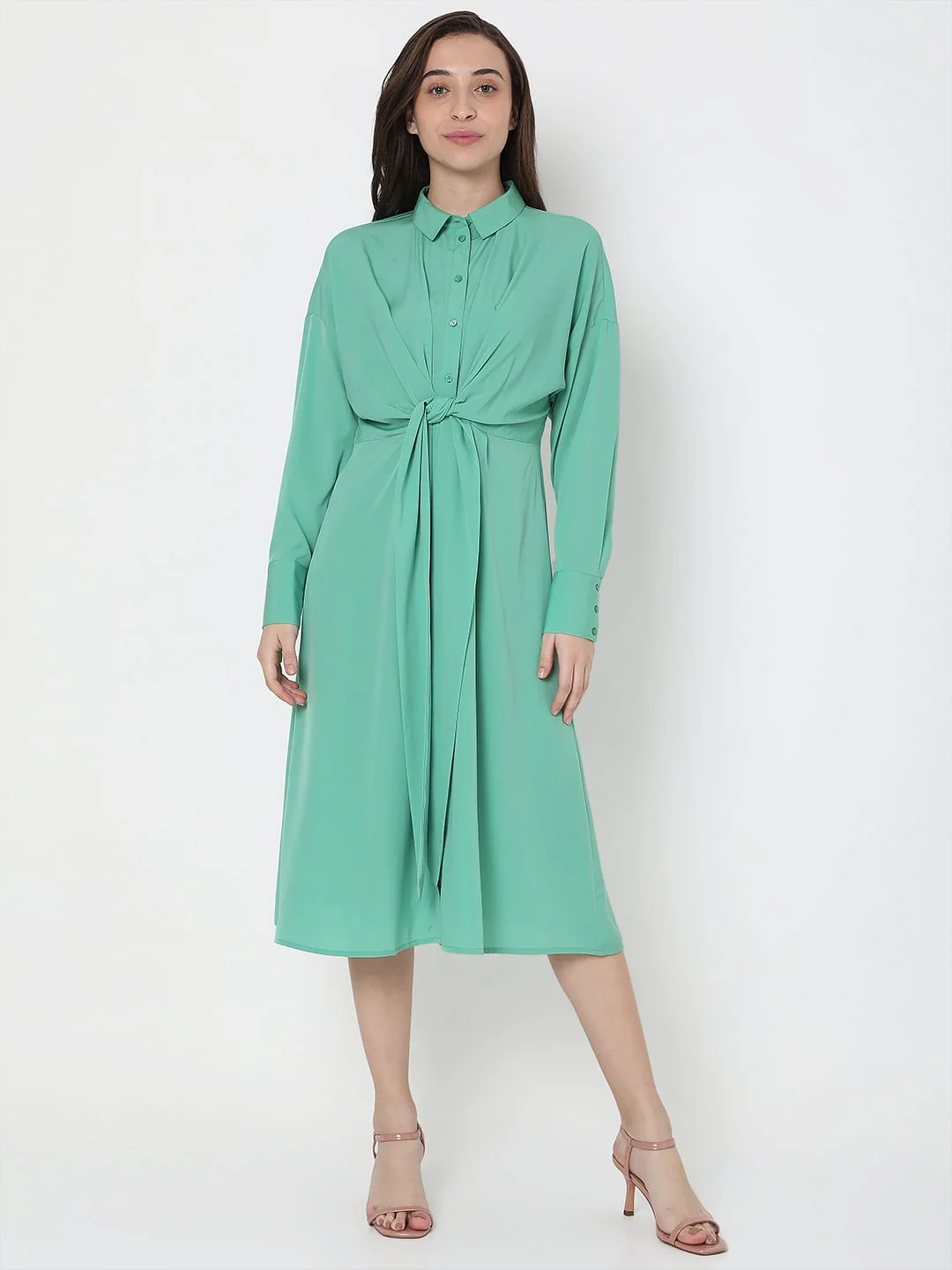Green Tie-Up Shirt Dress - Image 2
