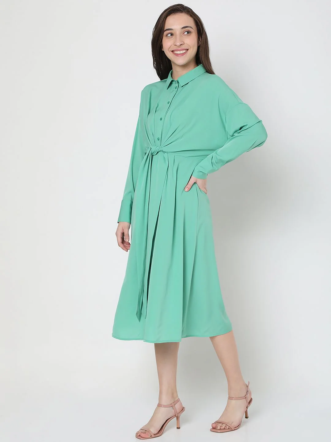 Green Tie-Up Shirt Dress - Image 3