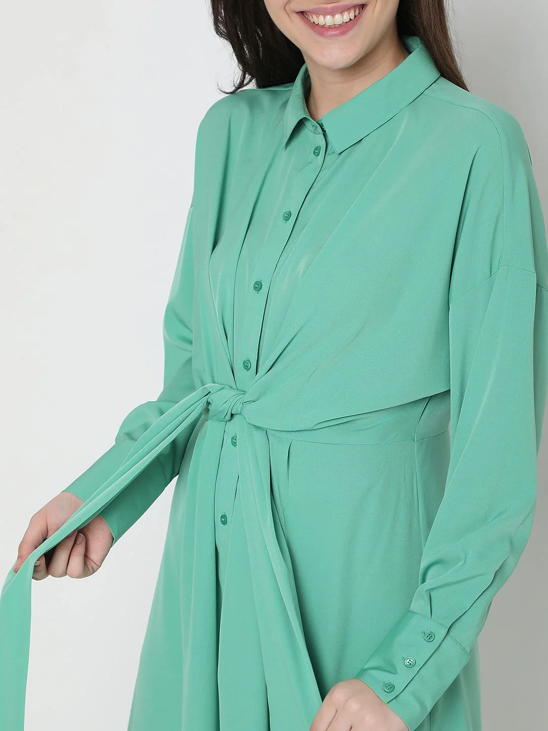 Green Tie-Up Shirt Dress - Image 5