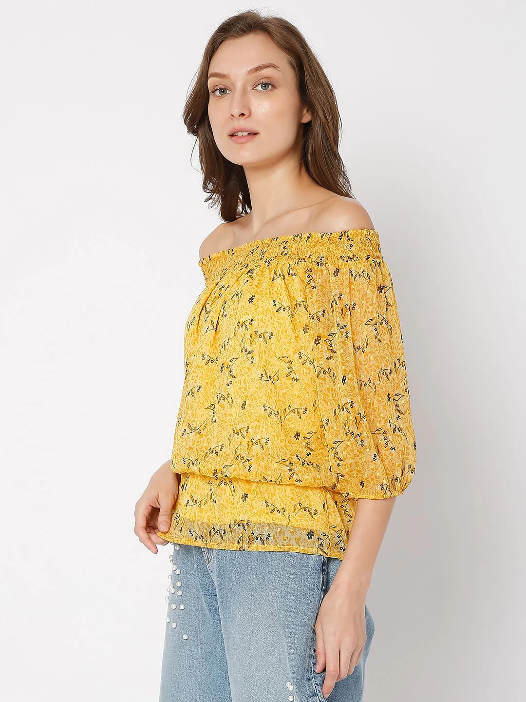 Yellow Floral Off-Shoulder Top - Image 3