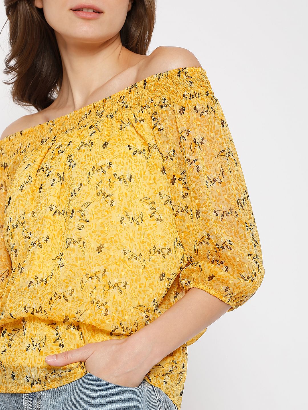 Yellow Floral Off-Shoulder Top - Image 6