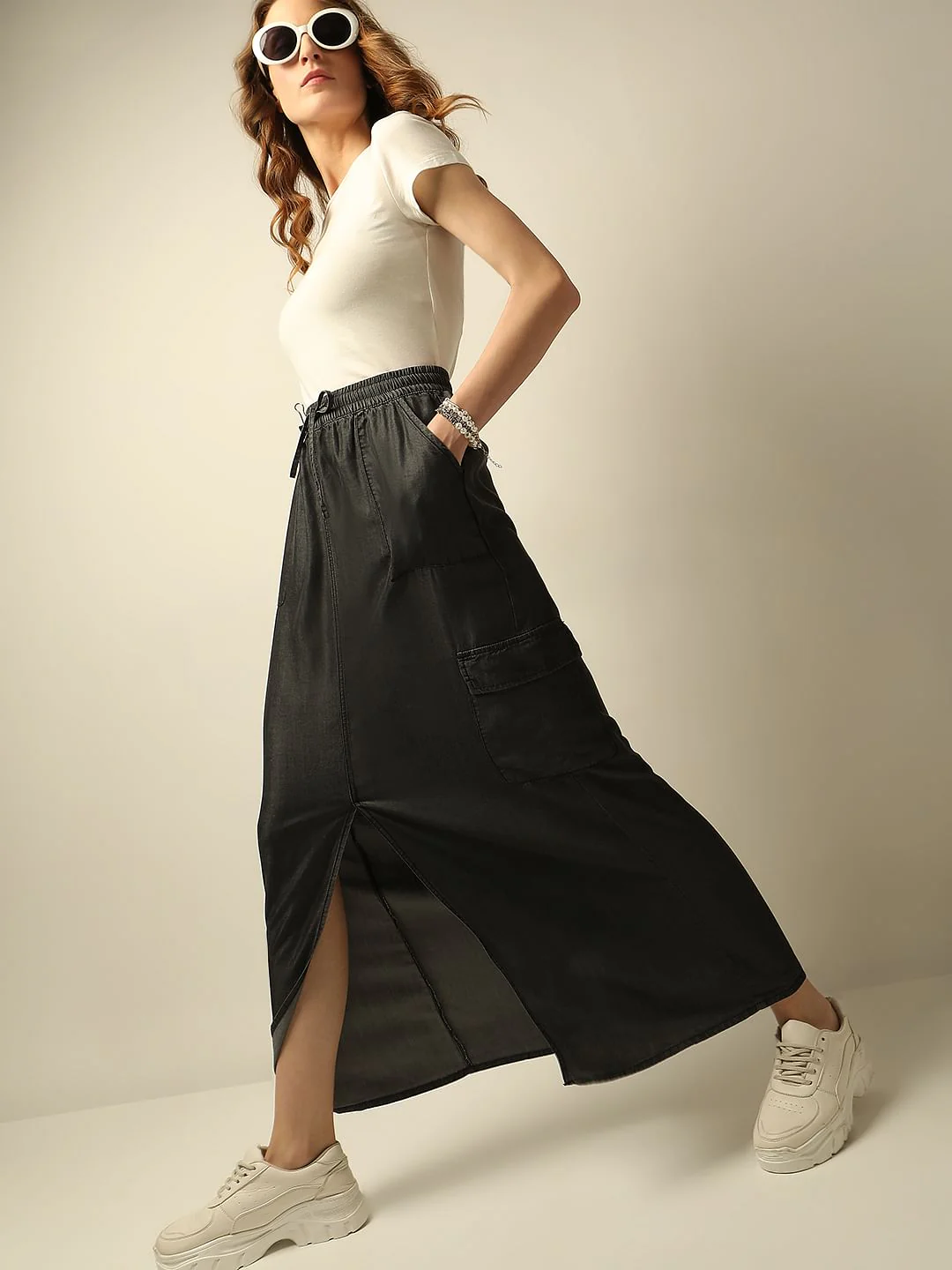 Black Mid Rise Denim Long Skirt