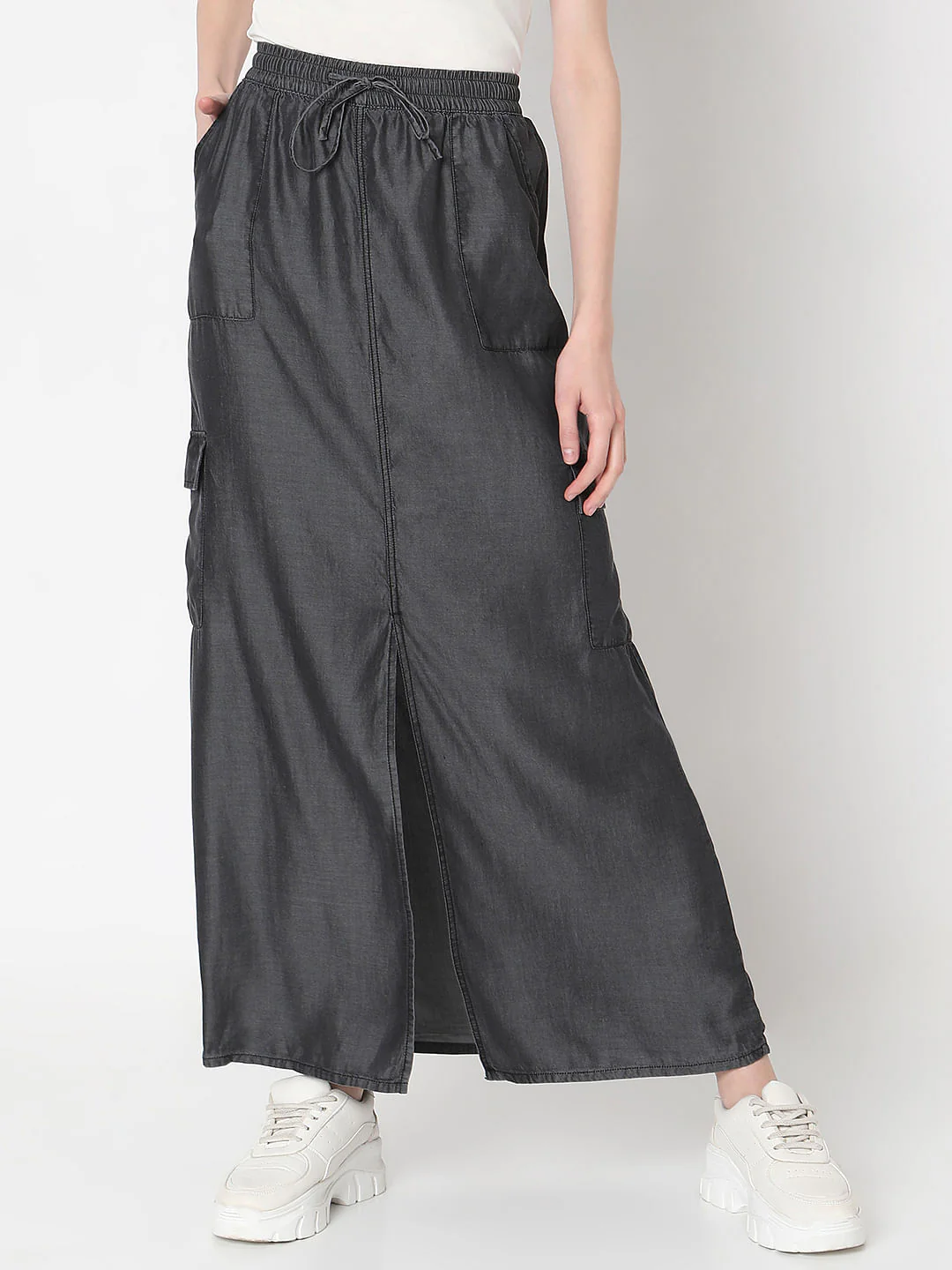 Black Mid Rise Denim Long Skirt - Image 2
