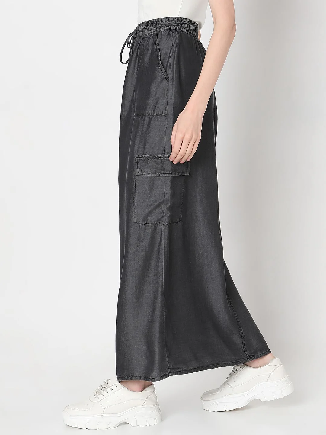 Black Mid Rise Denim Long Skirt - Image 3