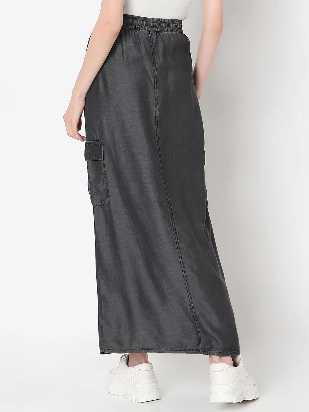 Black Mid Rise Denim Long Skirt - Image 4
