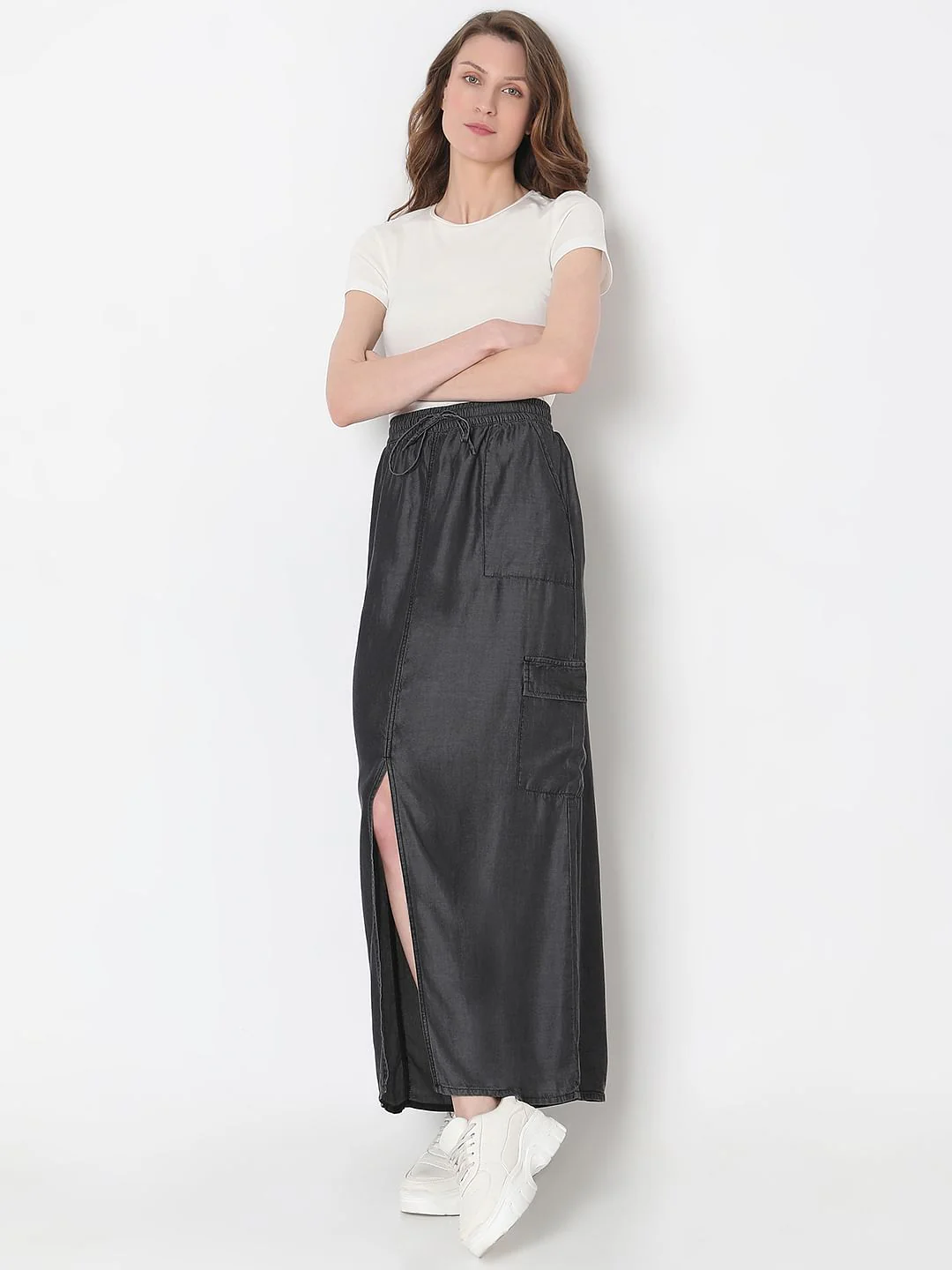 Black Mid Rise Denim Long Skirt - Image 5