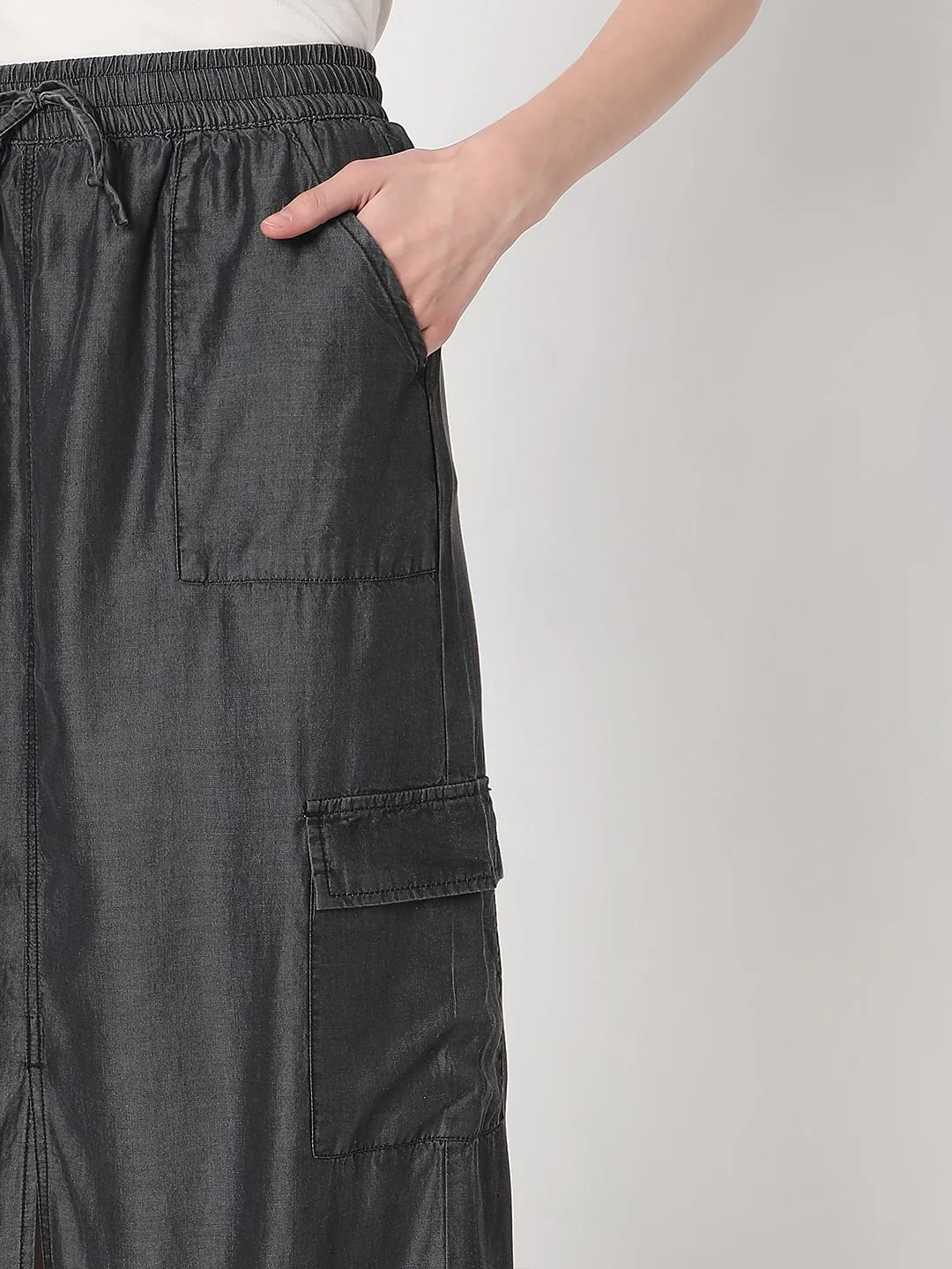 Black Mid Rise Denim Long Skirt - Image 6