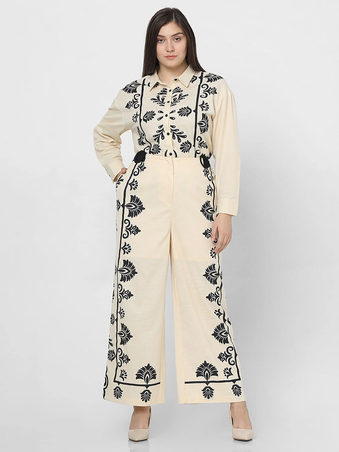 Curve Beige Printed Co-Ord Pants - Image 5