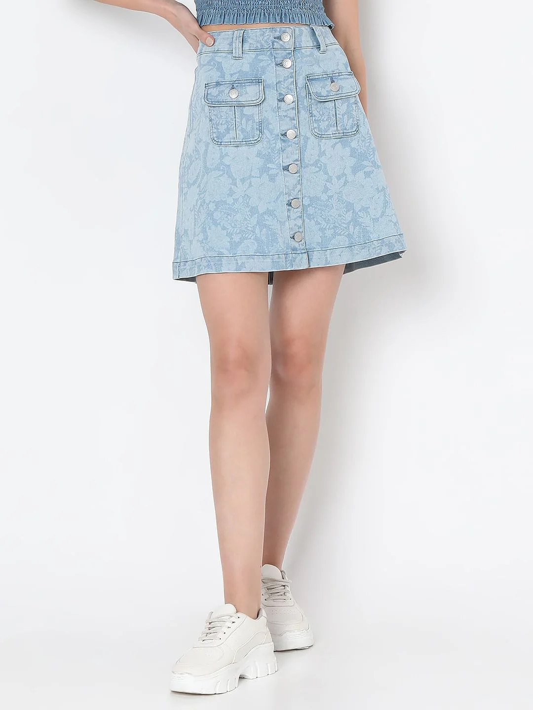 Light Blue Printed Denim Skirt - Image 2