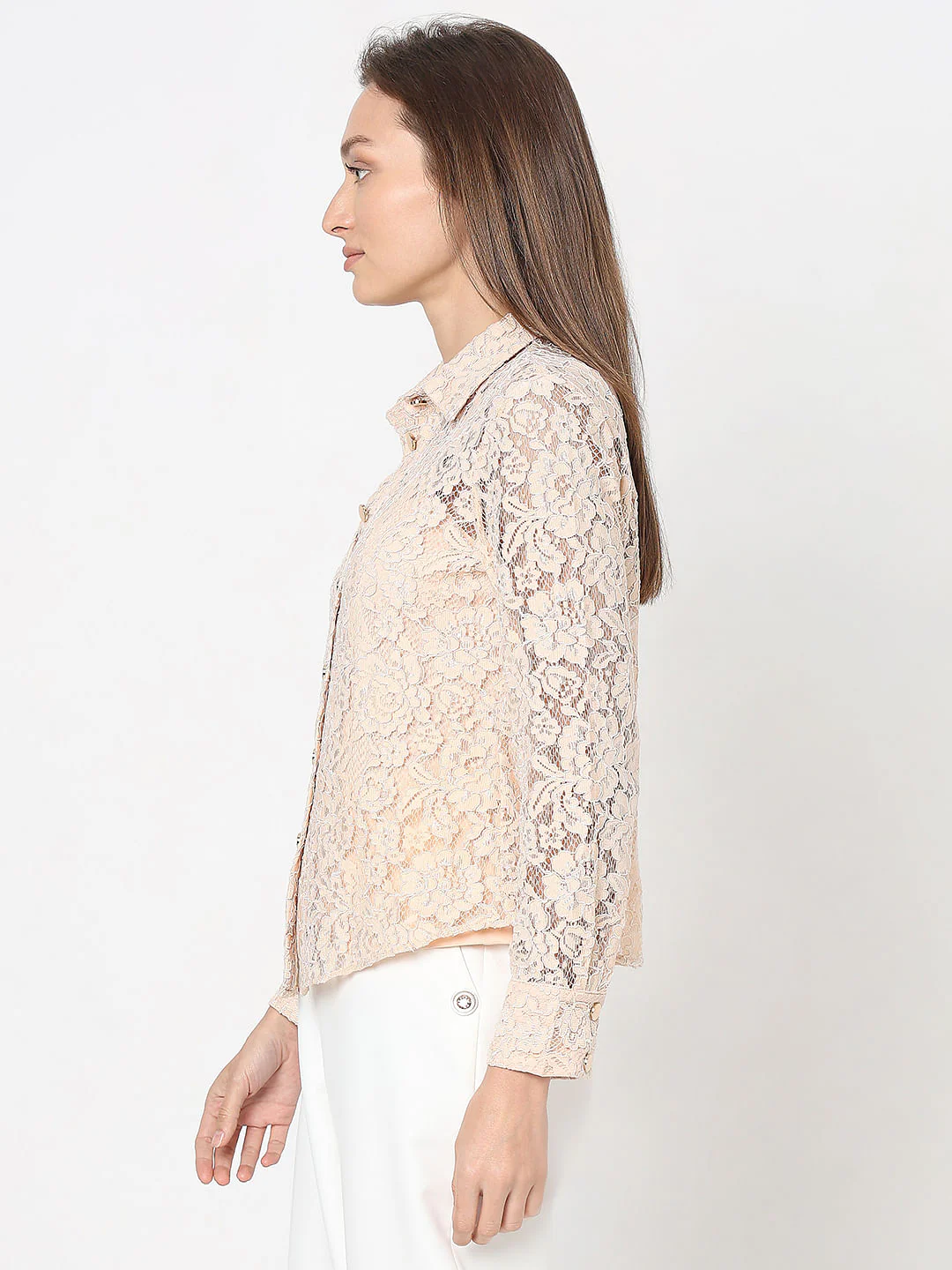 Peach-Pink Floral Lace Shirt - Image 3