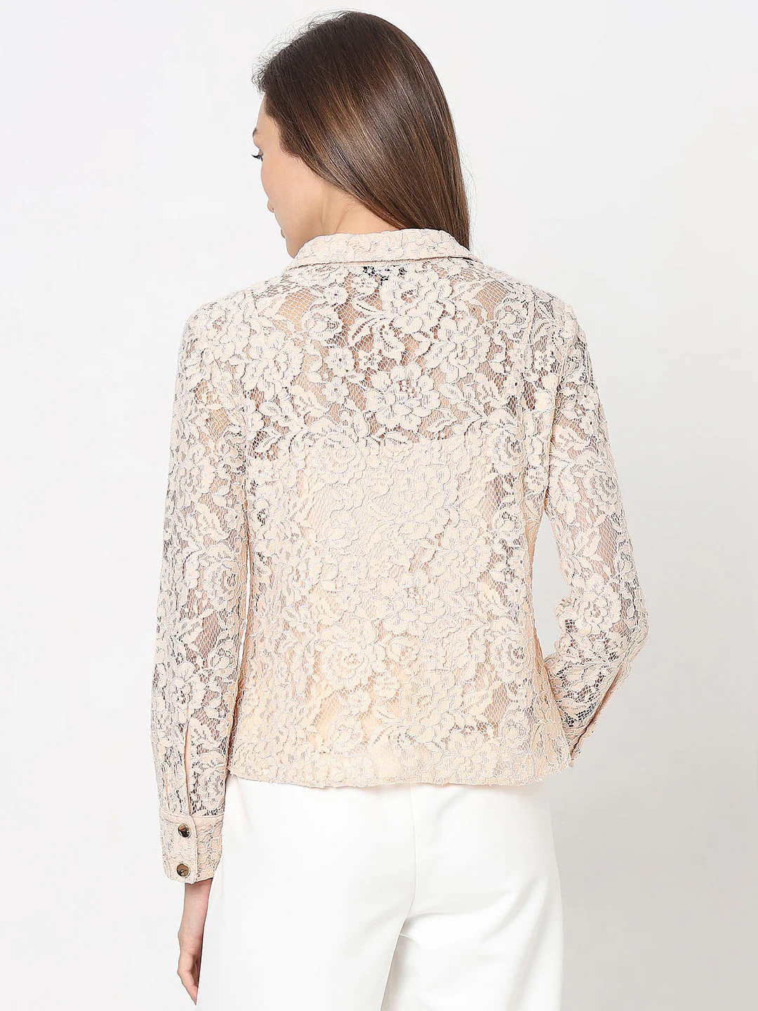 Peach-Pink Floral Lace Shirt - Image 4