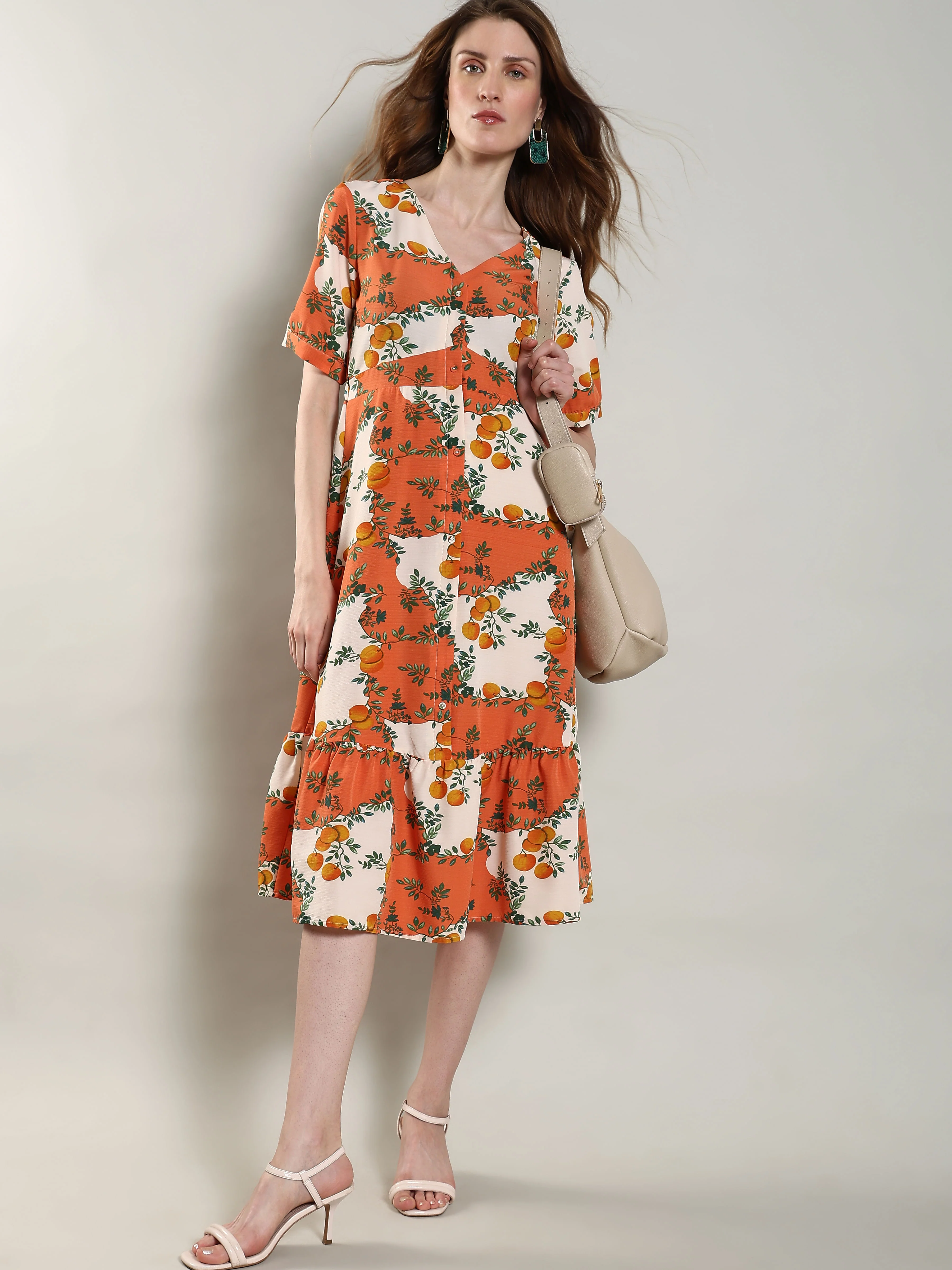 Orange Printed Fit & Flare Dress
