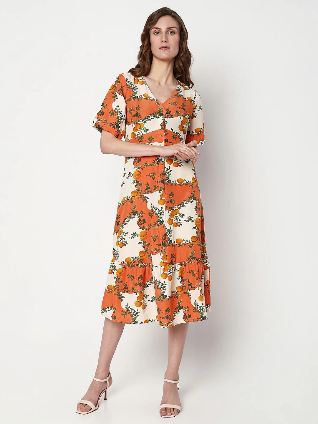 Orange Printed Fit & Flare Dress - Image 2