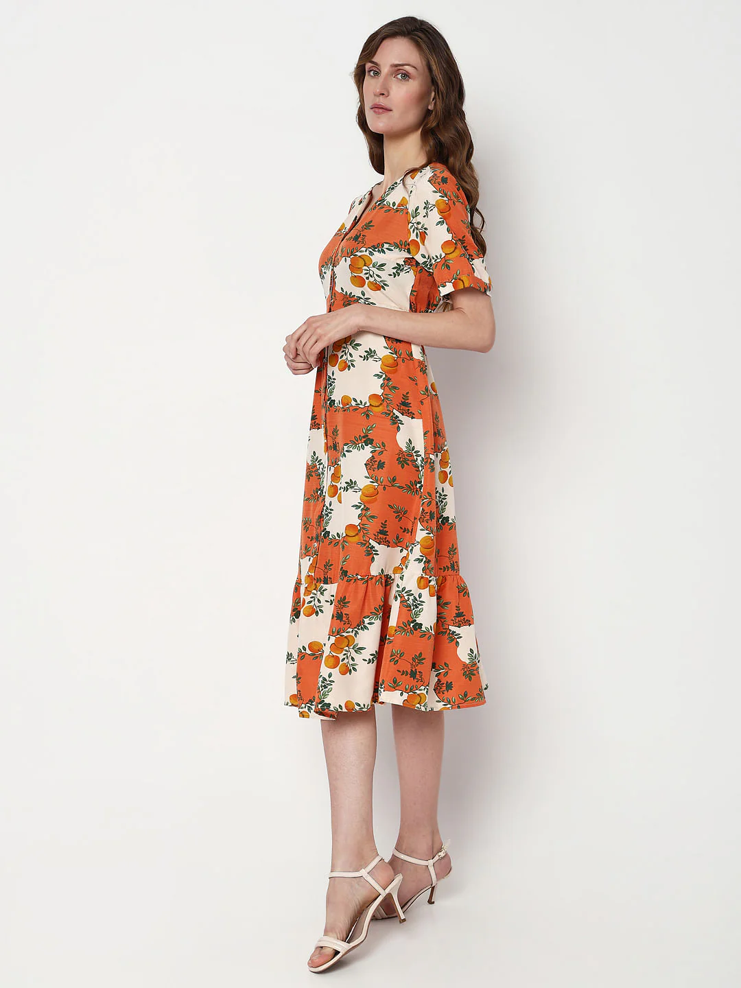 Orange Printed Fit & Flare Dress - Image 3