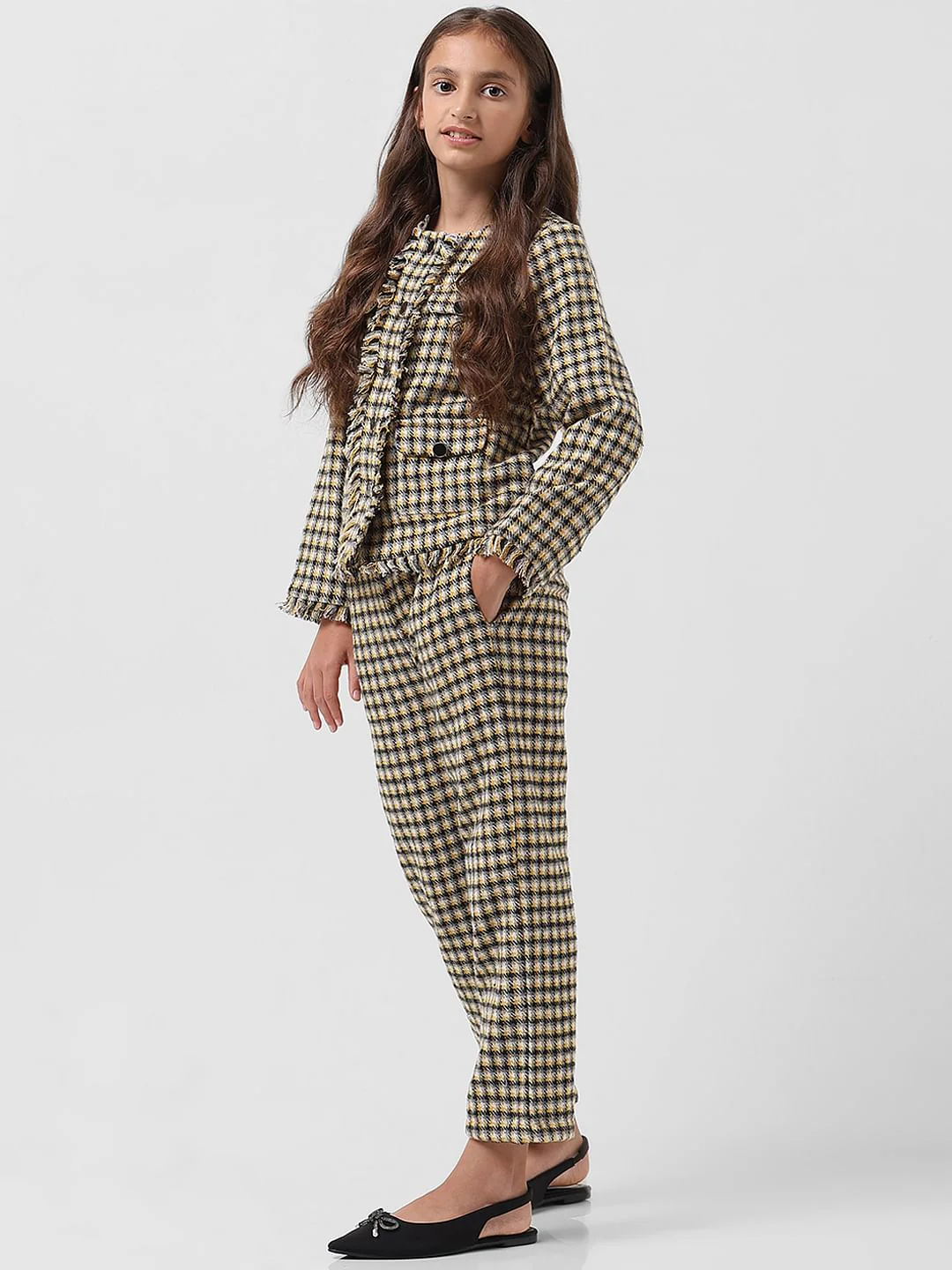 Girl Yellow Check Tweed Jacket - Image 5