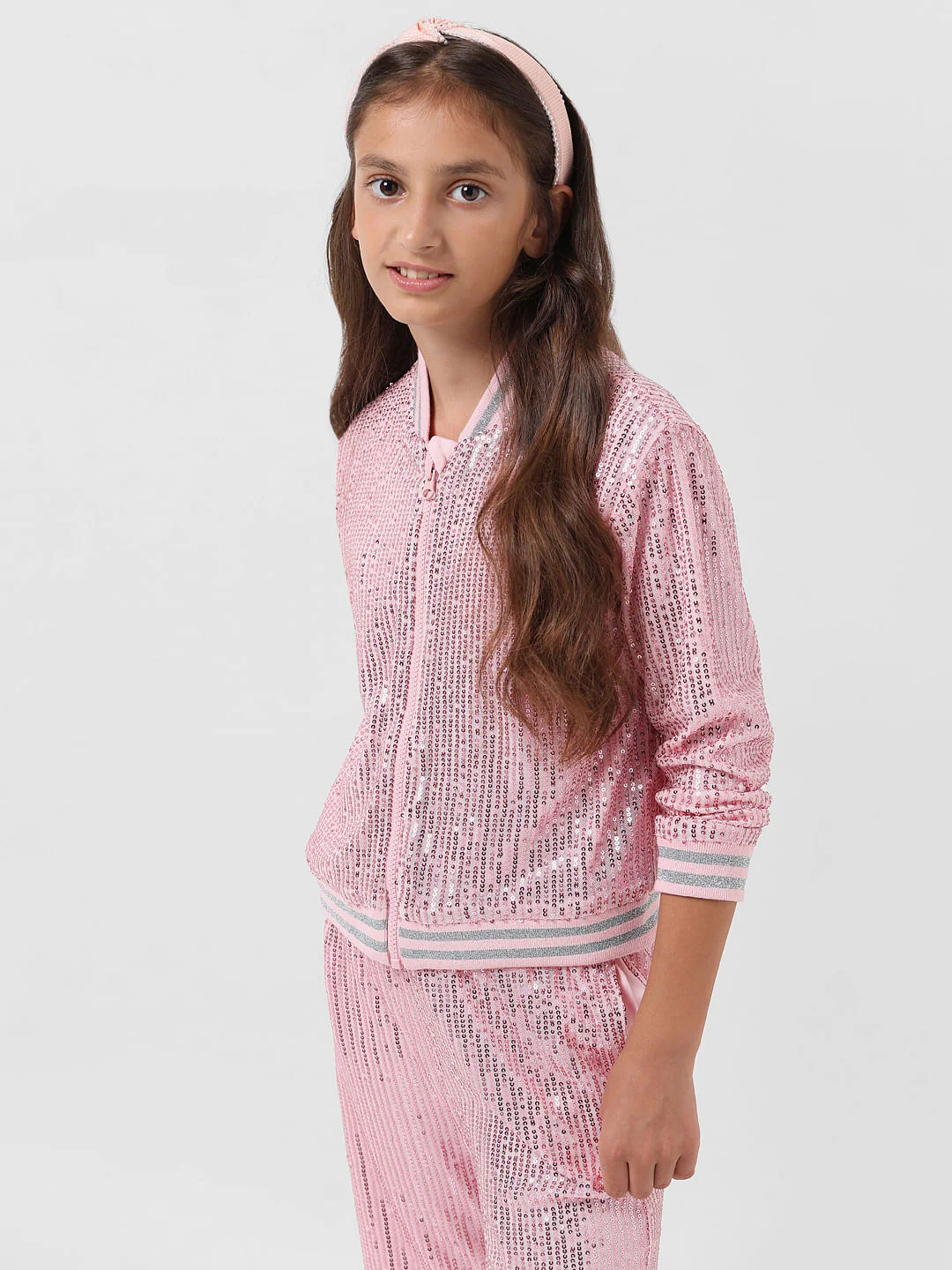 Girl Pink Sequinned Bomber Jacket