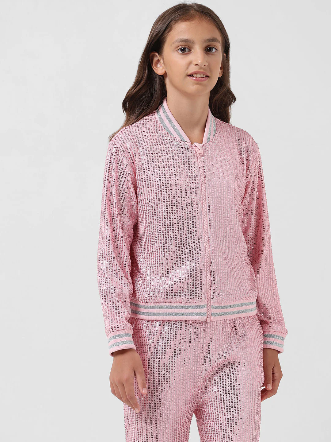 Girl Pink Sequinned Bomber Jacket - Image 2