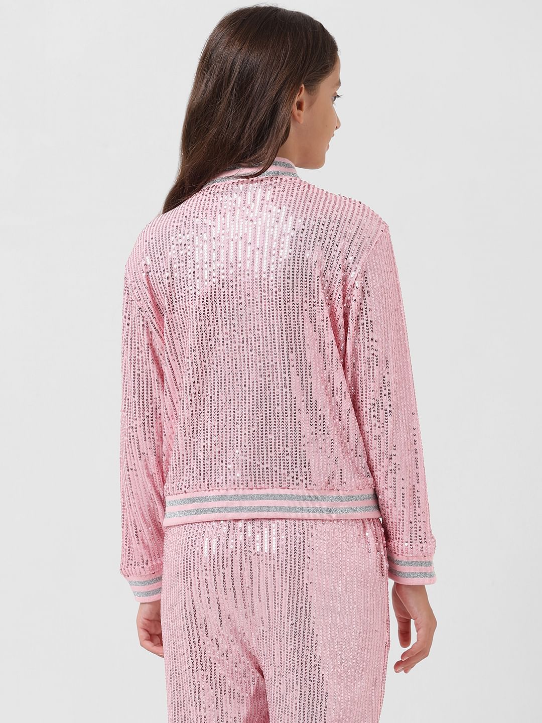 Girl Pink Sequinned Bomber Jacket - Image 3