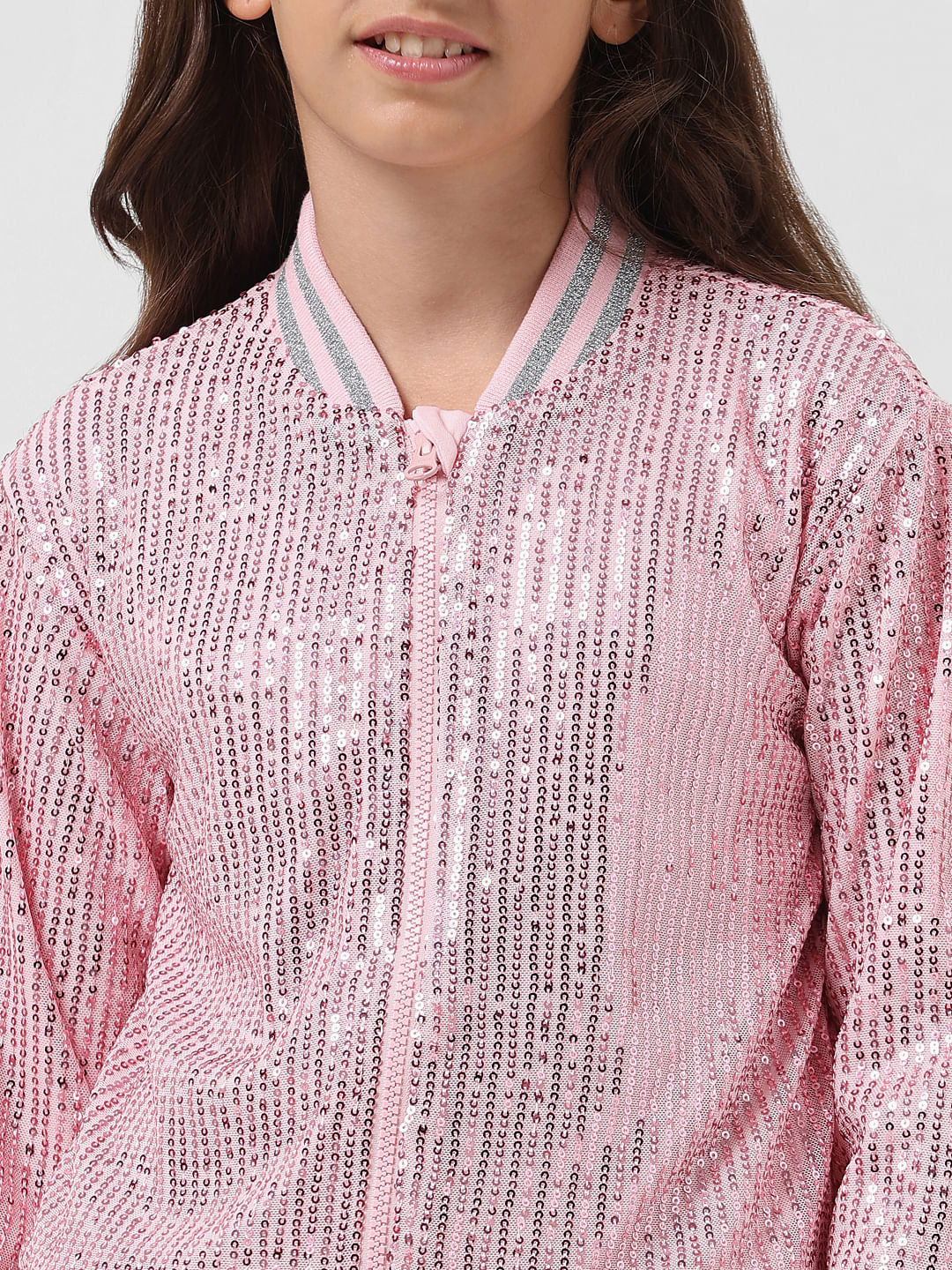Girl Pink Sequinned Bomber Jacket - Image 4