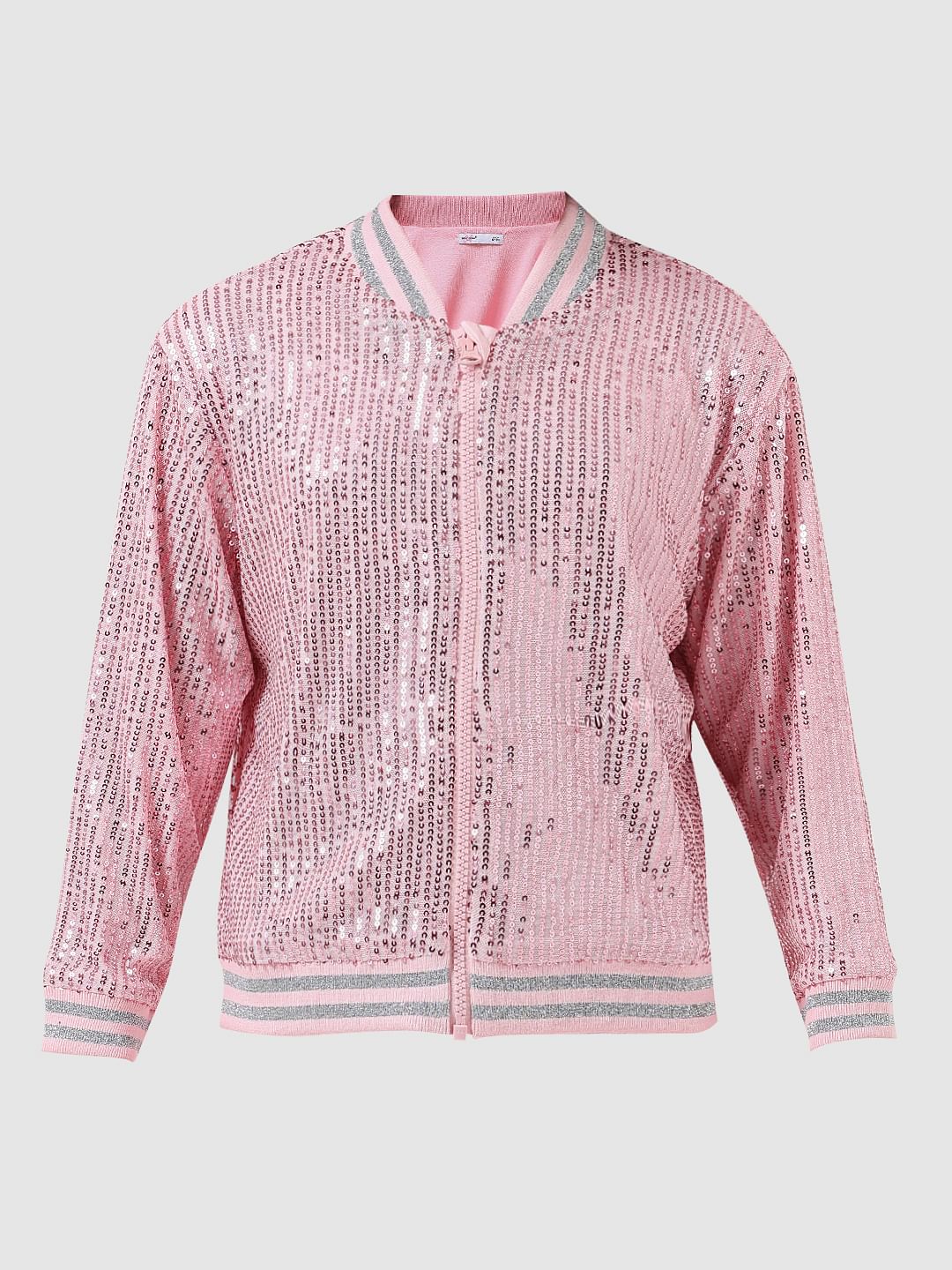 Girl Pink Sequinned Bomber Jacket - Image 6