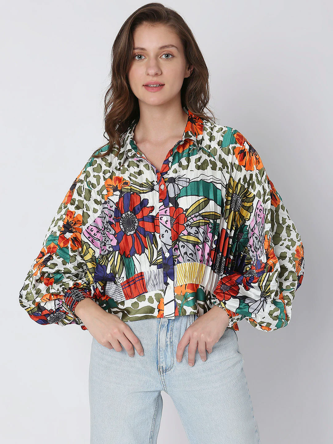 Green Abstract Print Pleated Shirt - Image 2