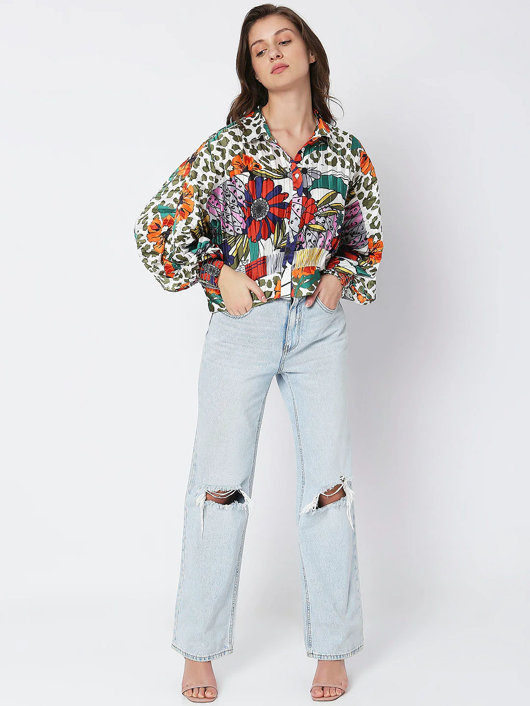 Green Abstract Print Pleated Shirt - Image 5