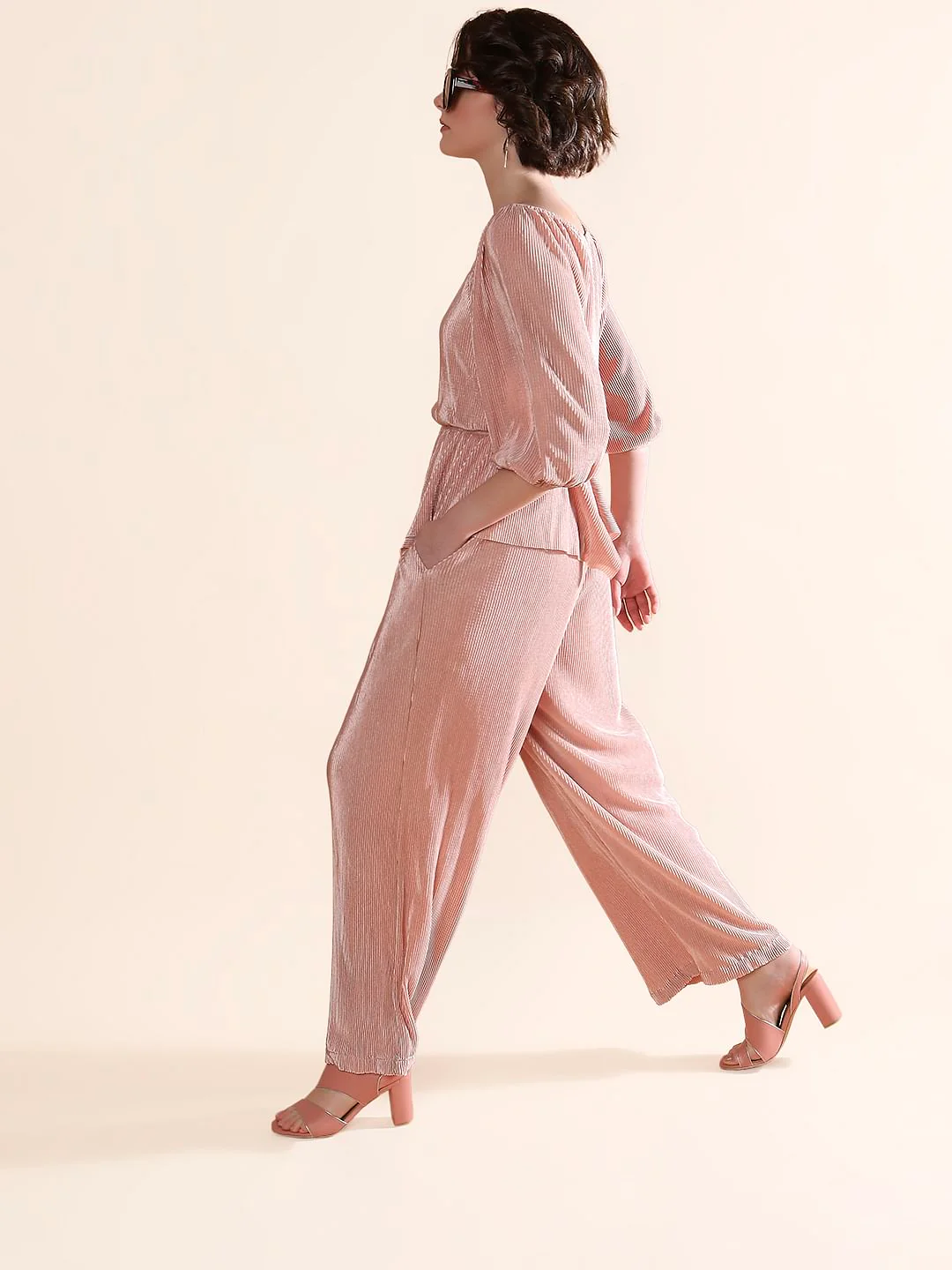 Pink High Rise Plisse Wide Leg Pants