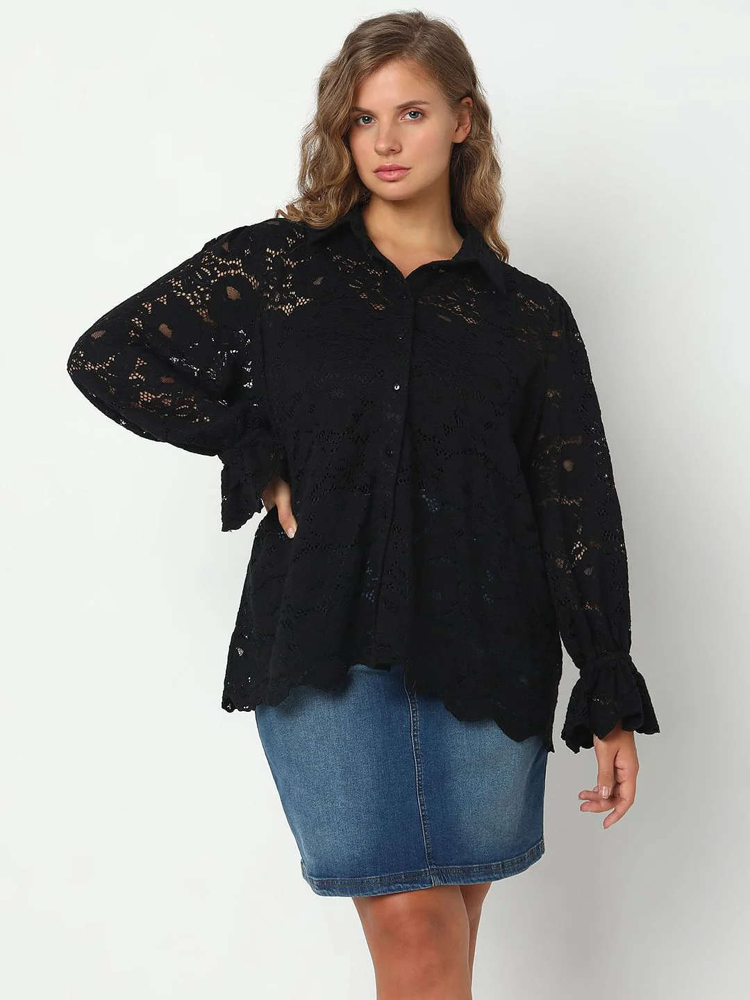 Curve Black Floral Lace Shirt - Image 2