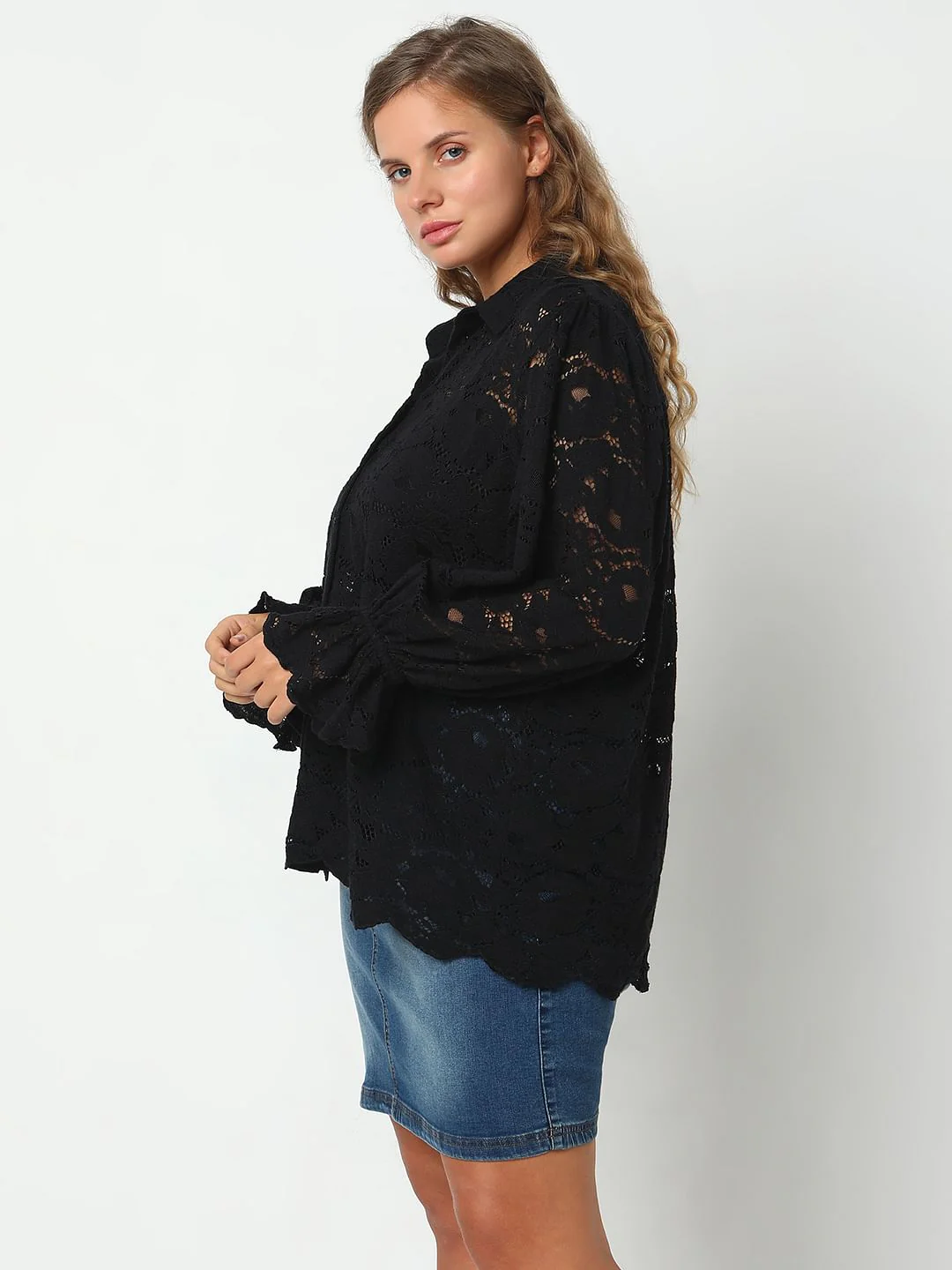 Curve Black Floral Lace Shirt - Image 3