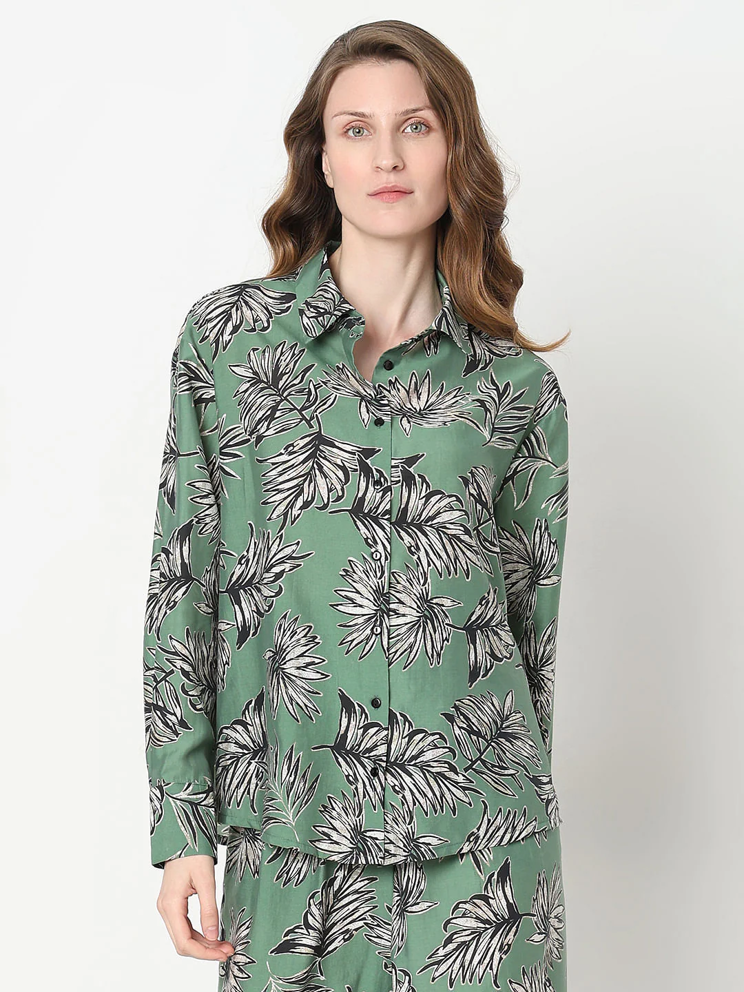 Green Leaf Print Co-Ord Set Shirt - Image 2